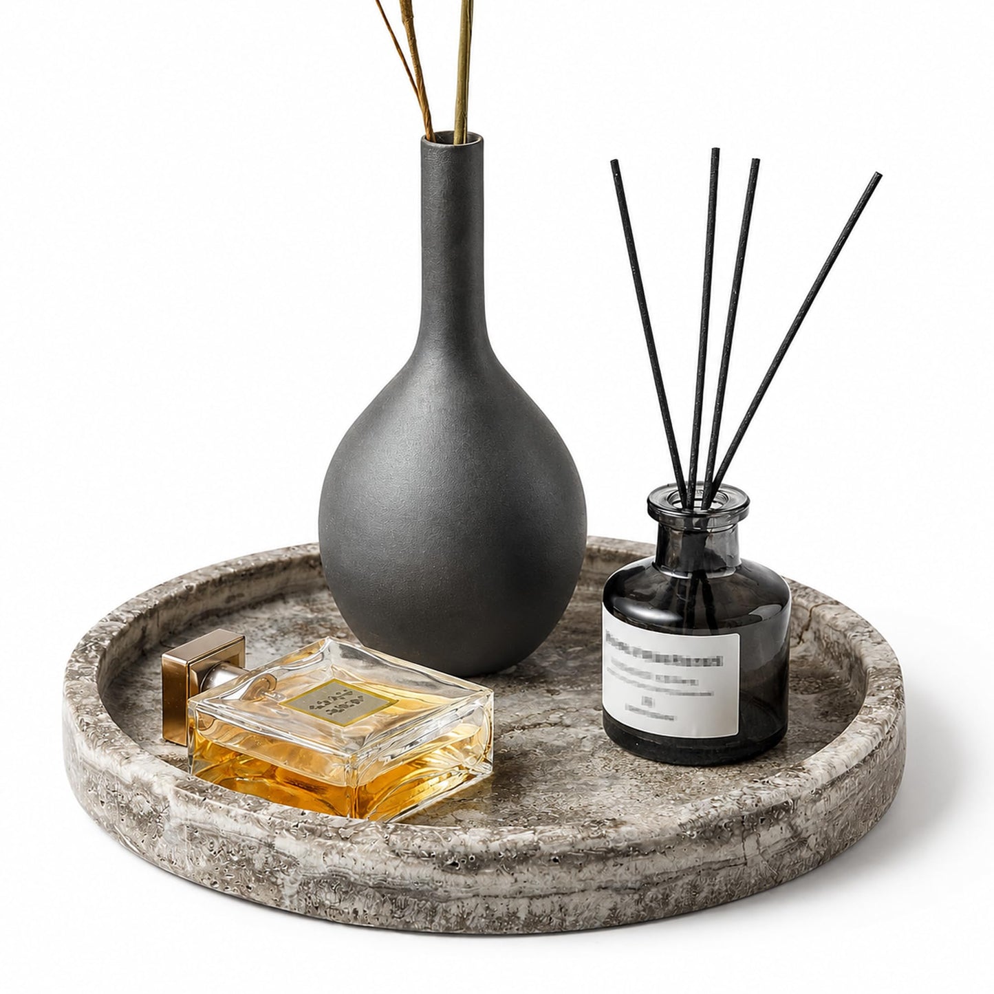 WORHE Round Marble Vanity Tray, Gray Travertine,Natural Marble Stone 24cm D