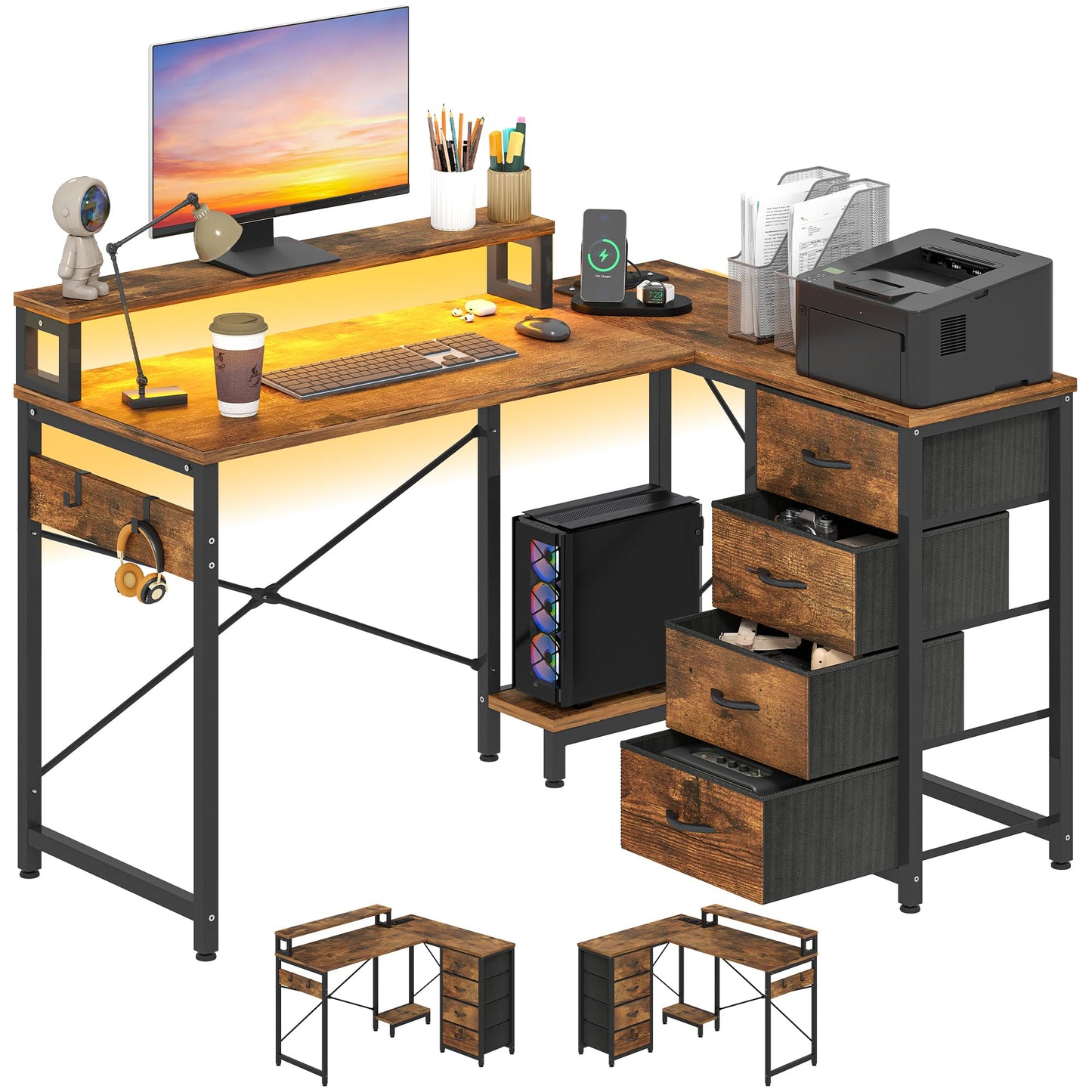 YITAHOME Computer Desk with Drawers L Shaped LED Power 130cm Vintage
