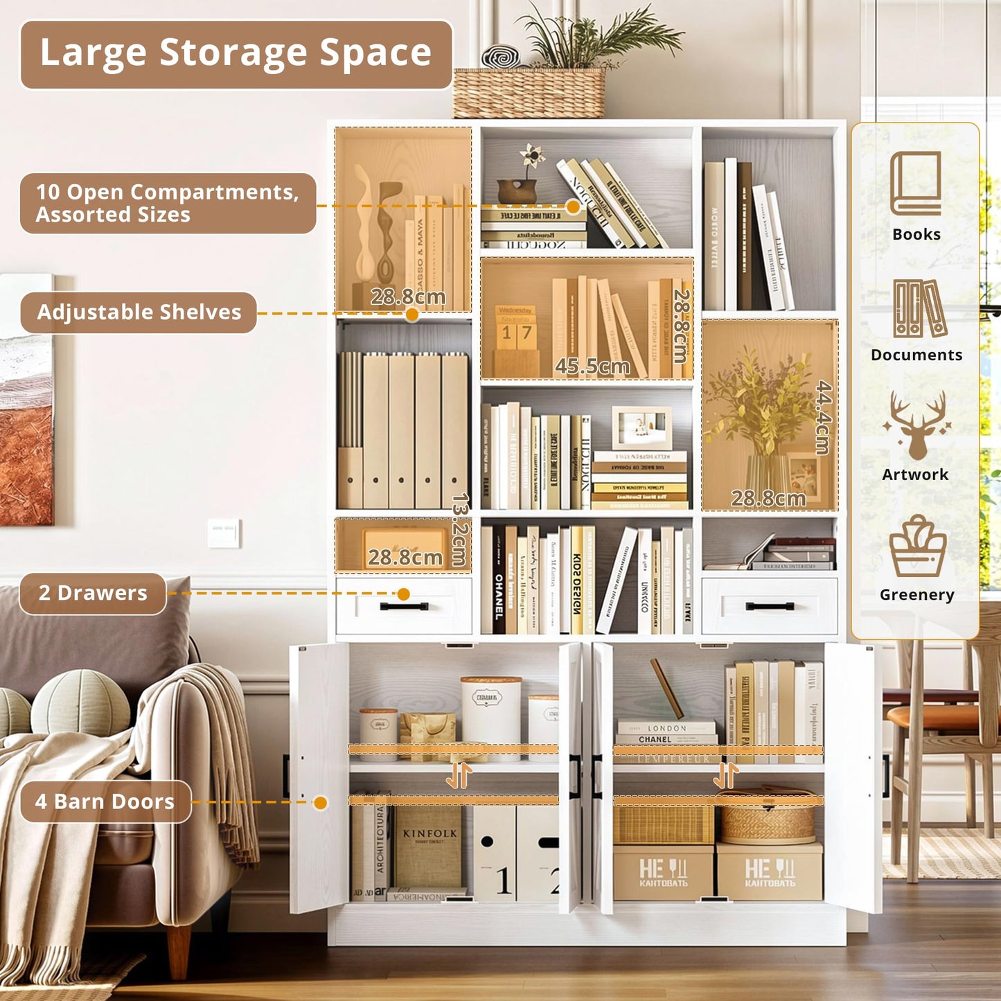 IRONCK Bookcase Bookshelf with Doors & Drawers 190cm Tall Living Room Bookcases,10 Multi-Size Open Compartments, Free Standing Display Shelf