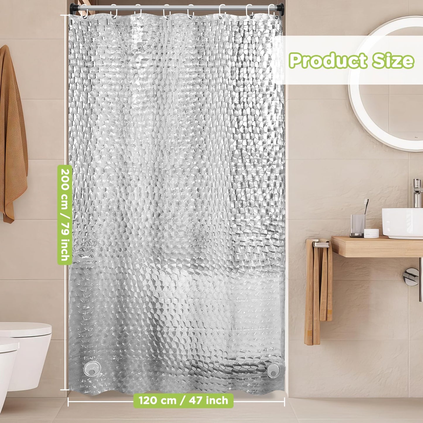OTraki Clear Shower Curtain, 120 X 200 CM Extra Long Shower Curtain, 3D Design Weighted Bath Curtain, Anti Mould Resistant Shower Curtains