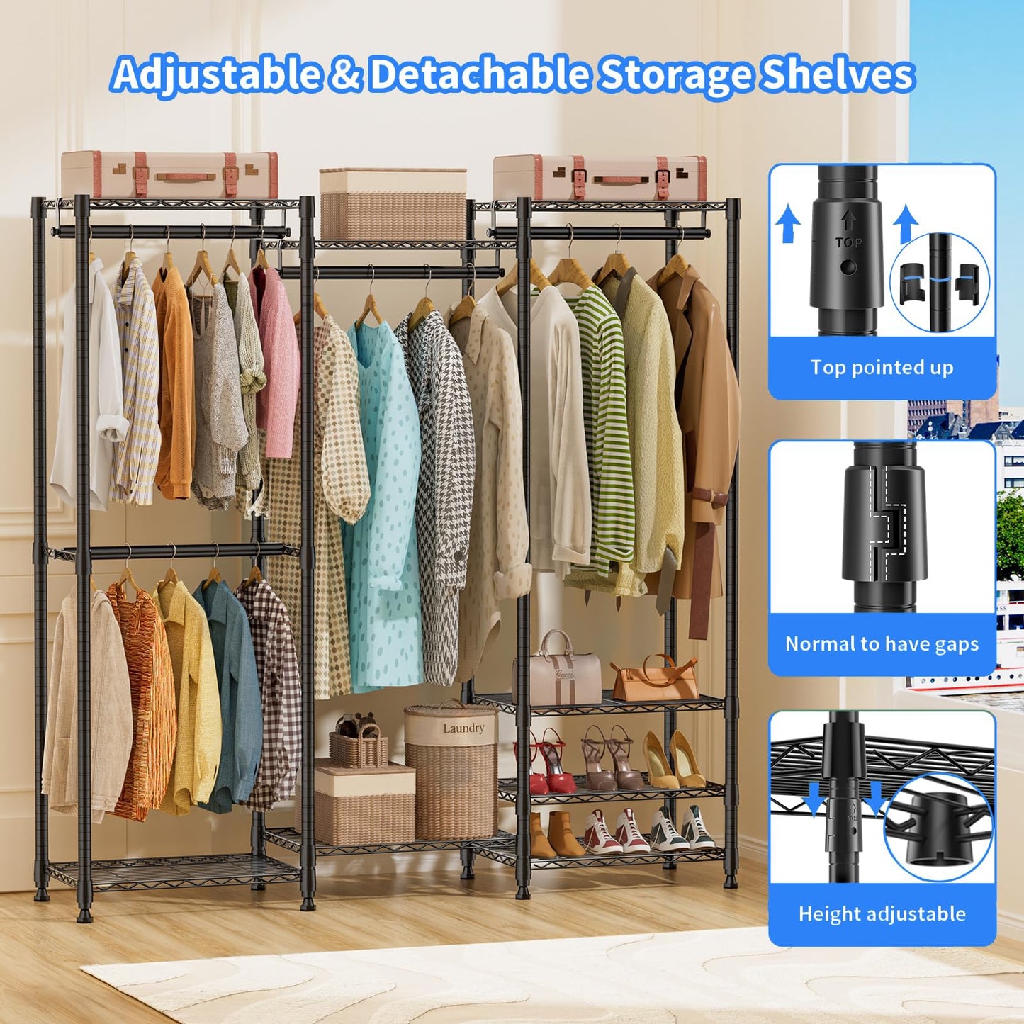 Heavy Duty Clothes Rail,Hanging Rails for Clothes,Clothing Rails,Portable Wardrobe Rail Metal Closet Rack with Shoe Rack