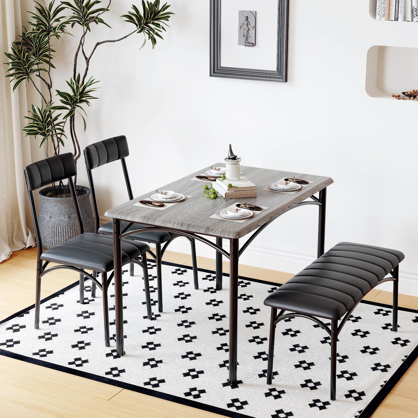Crevyteg Space-Saving 4-Piece Dining Table Set Modern Industrial Kitchen Table with 2 Chairs and Bench for 4 Seater Dining Room Small Spaces