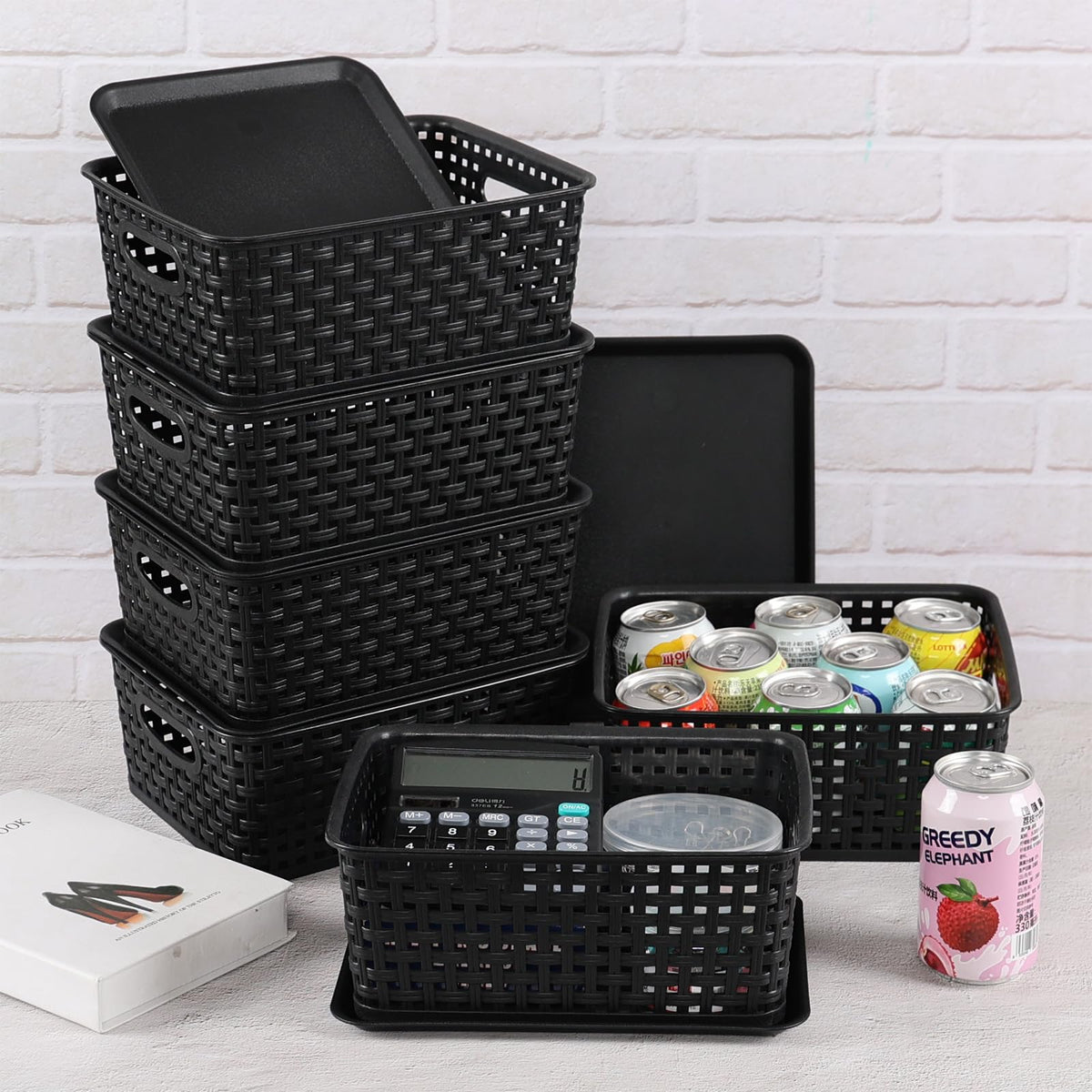 Aninhao Plastic Storage Basket with Lid, Kitchen Cupboard Organiser Baskets, Black, 6-Pack