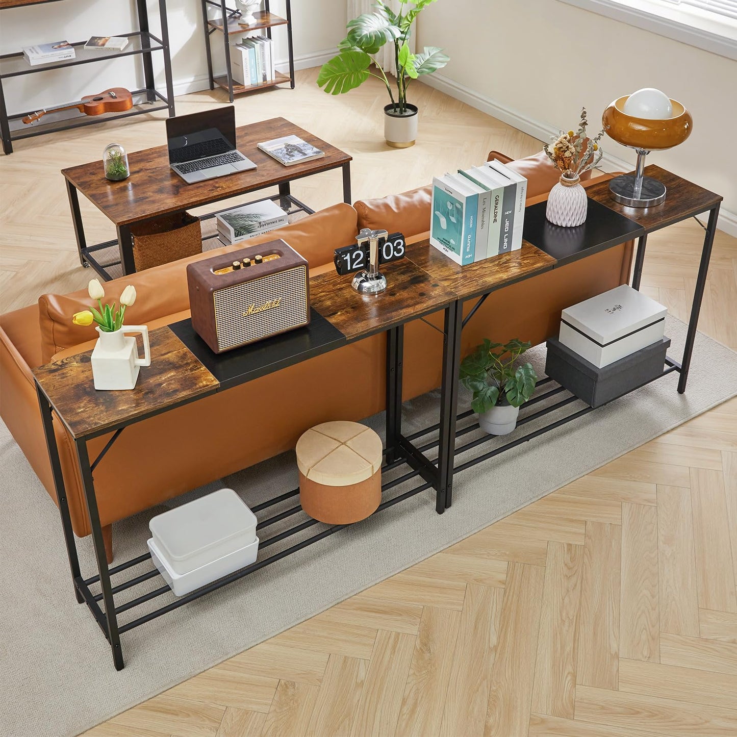 YMYNY Console Table Narrow Sofa Table Rustic Brown and Black HST006HB