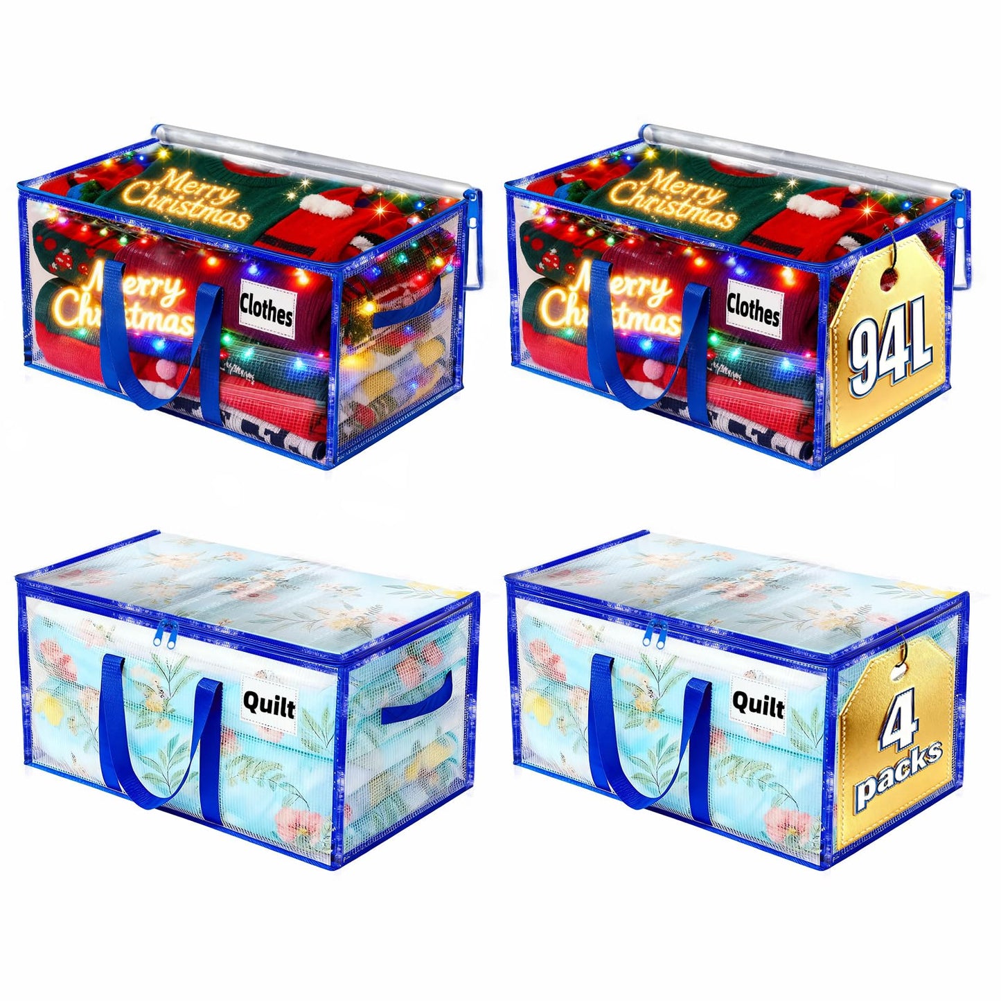 AuTong 4-Pack Storage Bags with Zips: 94L Clear Plastic Moving Bags with Reinforced Wrap Around Handles for Family, College Dorm