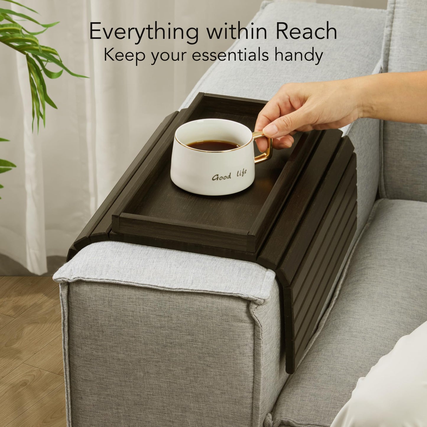 DETOR Sofa Arm Tray with Spacious 31.5 × 14 cm Storage Box, Ebony Bamboo Finish, Enhanced Non-Slip Felt Base, Fits Armrests 15.5 cm and Wider
