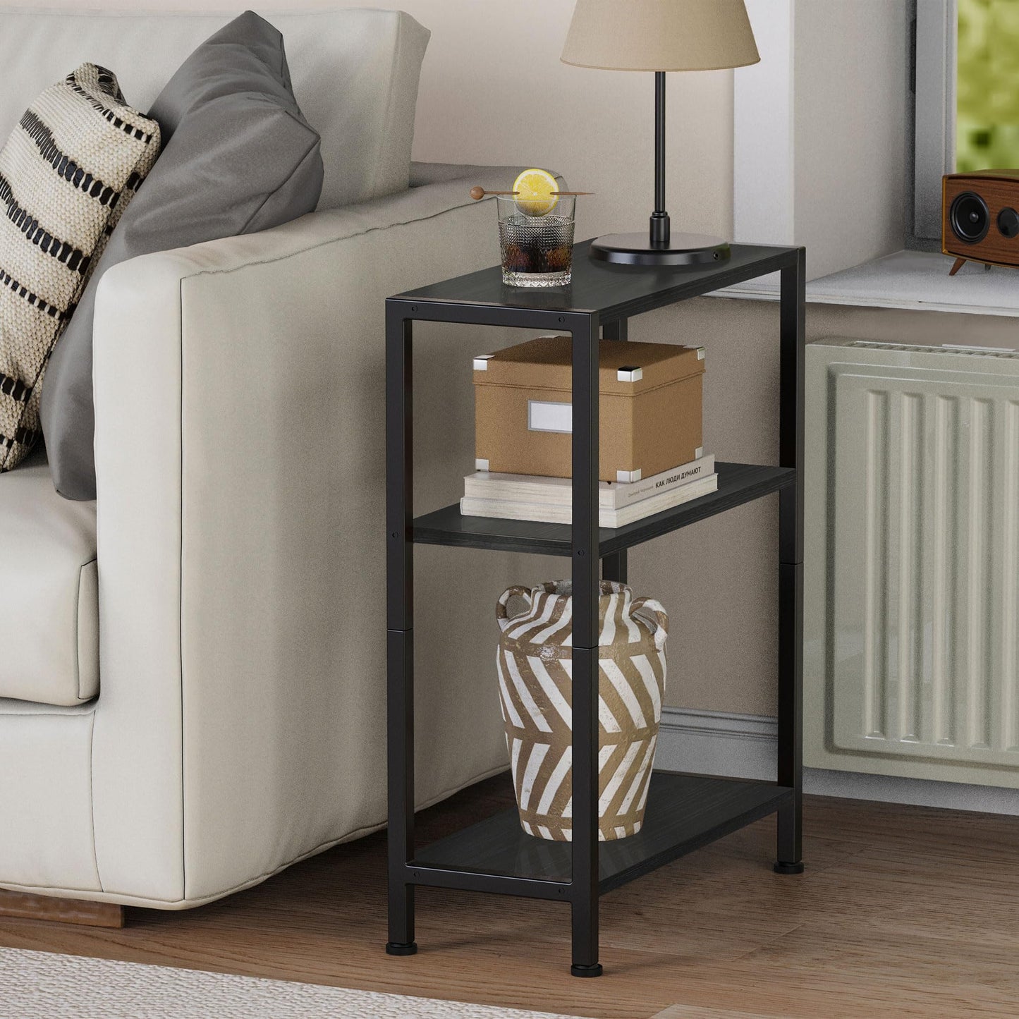 Vantimo Small Side Table, 3-Tier Thin End Table for Living Room, Narrow Bedside Table for Bedroom, Sofa, Couch (Black)