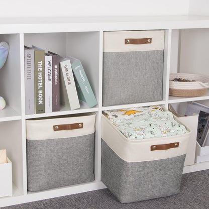 VIIHTYISA Fabric Storage Box, 3-Piece Set 33x38x33cm Cube Storage Boxes with Faux Leather Handle for Cube Shelves, Closet, Wardrobes | Grey & White