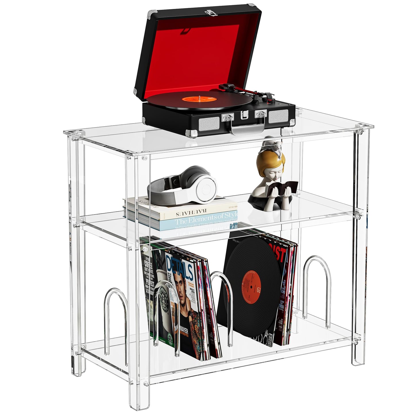 solaround Clear Acrylic Record Player Stand, with Vinyl Records Storage
