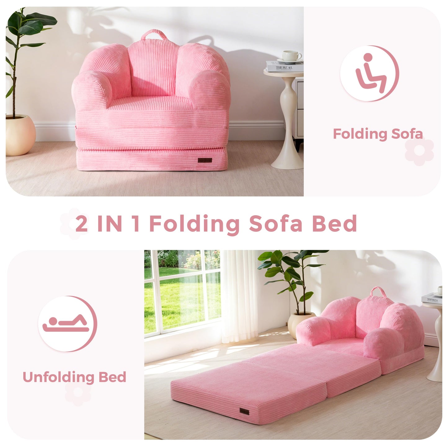 MAXYOYO Folding Sofa Bed with Backrest, Floral Shaped 2 in 1 Convertible Sofa to Comfy Faux Fur Bean Bag Chair for Adults