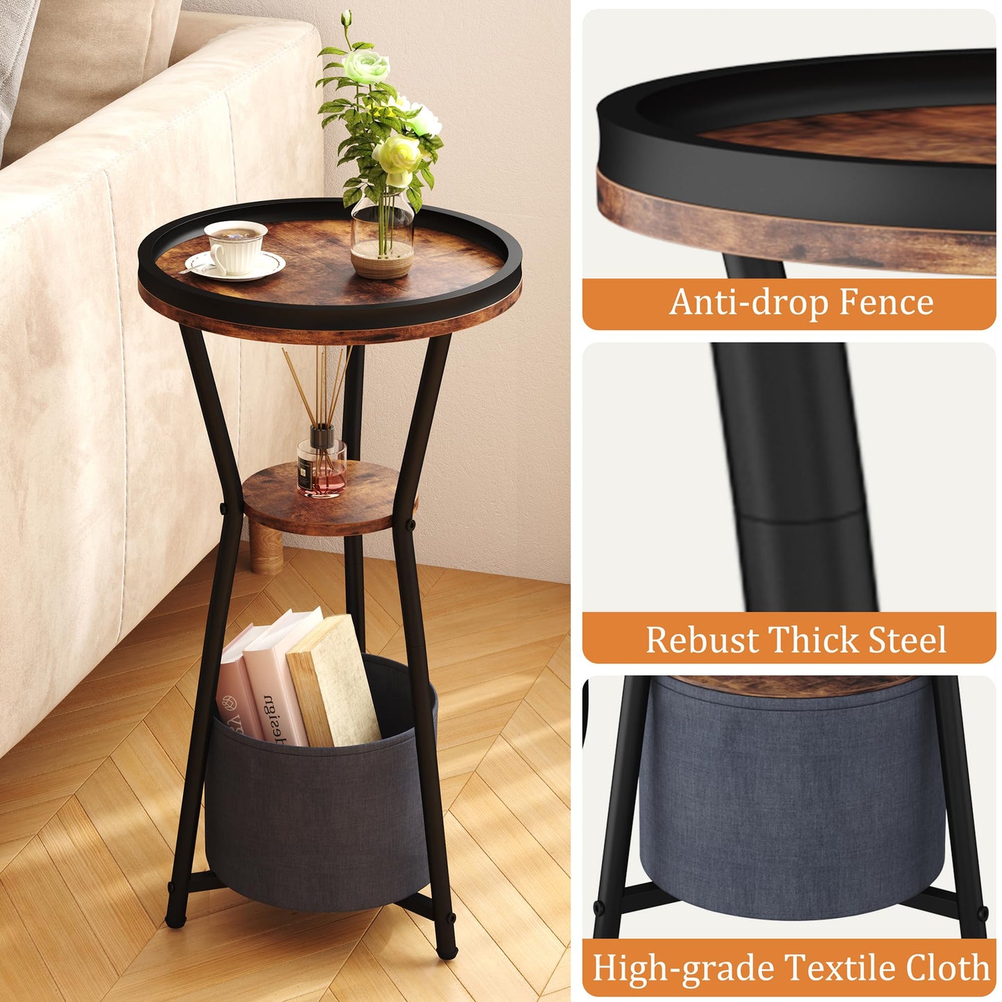 Yusong Round Side Table, Small Drink Table for Small Spaces, 3-Tier Industrial Corner Table, Bedside Table Highlight for Living Room, Bedroom, Sofa