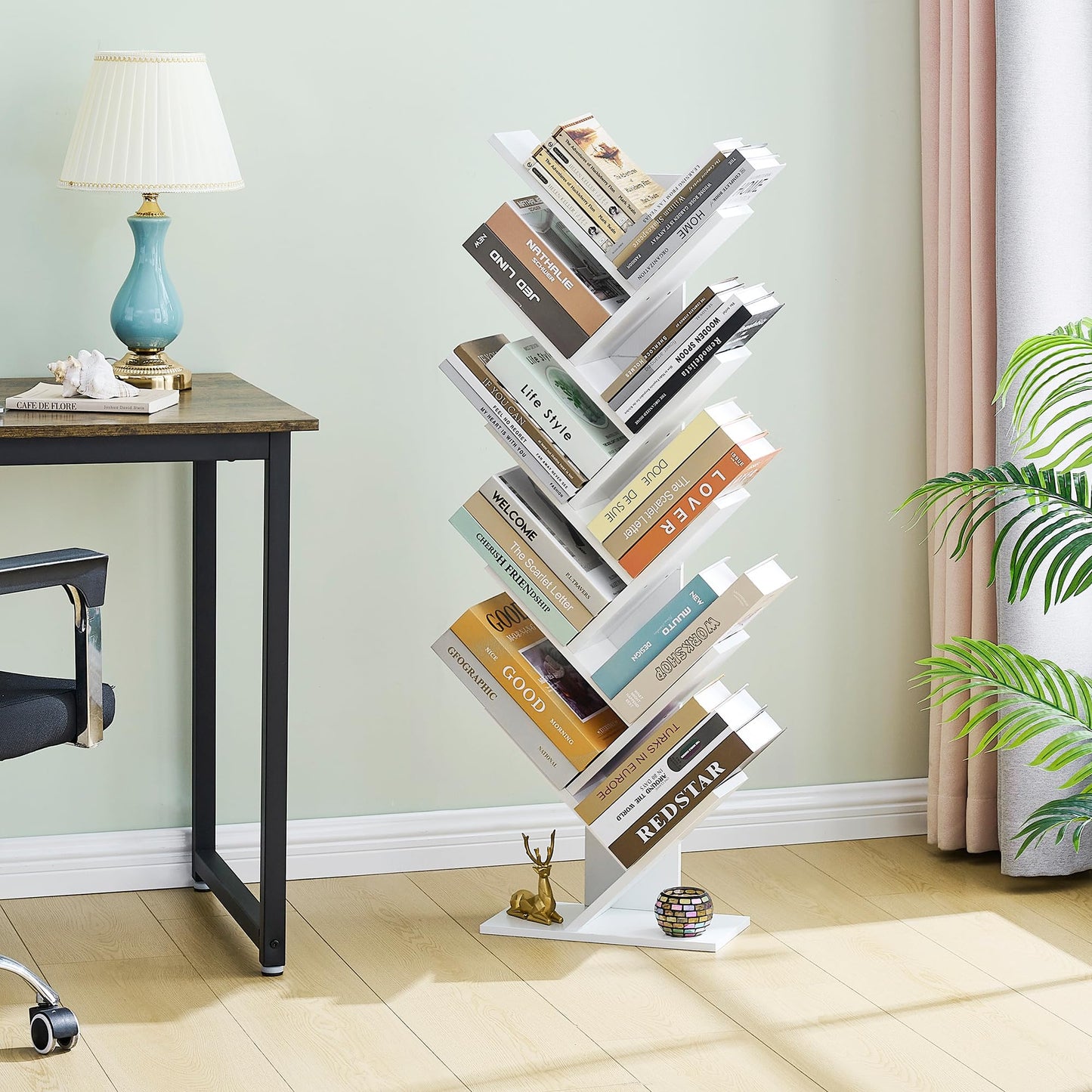Hoctieon 10 Tier Tree Bookshelf, 10 Shelf Bookcase, Free Standing Tree Bookcase, Display Floor Standing Shelf for Books
