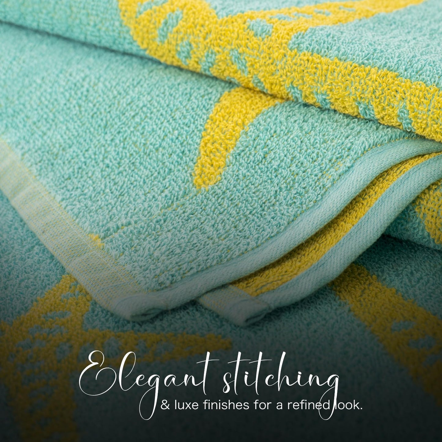 CASA COPENHAGEN Miami bath towels, set of 2, made of cotton, quick-drying and durable, 88 x 177 cm - Starfish Teal + Yellow striped