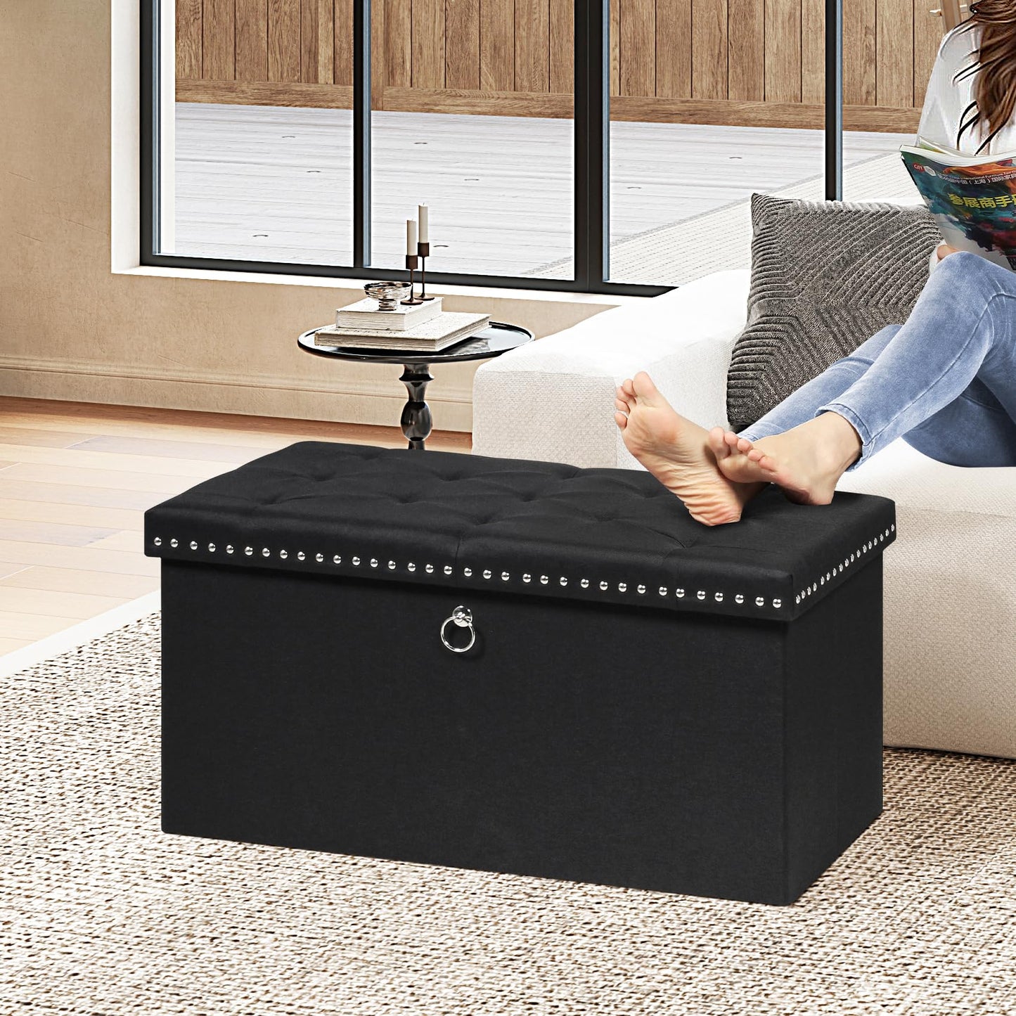 Bonlife Ottoman Bench with Tray, Folding Storage Footstool, 250kg Capacity