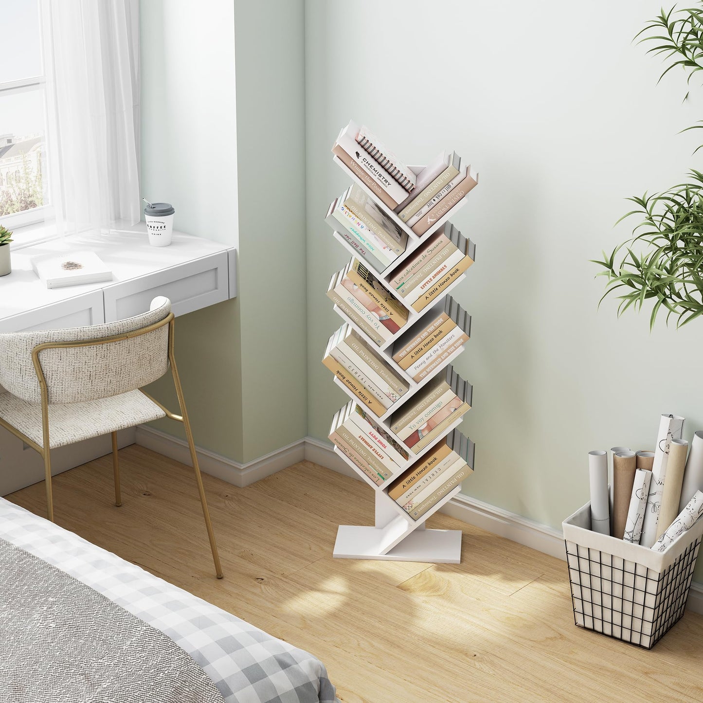 Hoctieon 10 Tier Tree Bookshelf, 10 Shelf Bookcase, Free Standing Tree Bookcase, Display Floor Standing Shelf for Books