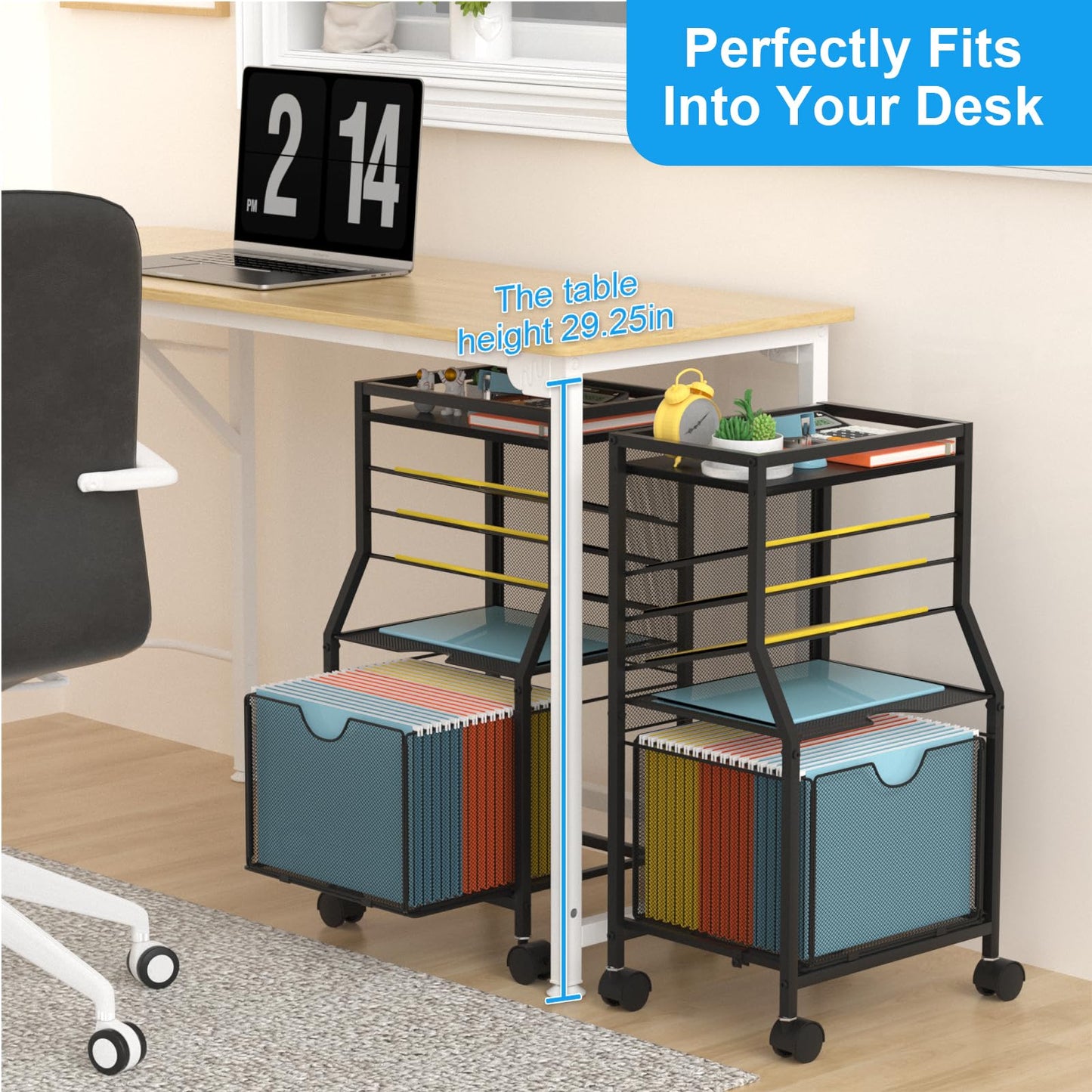 BOHDK Rolling File Cart, 6-Tier Under Desk Organiser on Lockable Wheels, Black Wood Planks & Mesh File Cart with Sliding Drawer and Paper Trays for