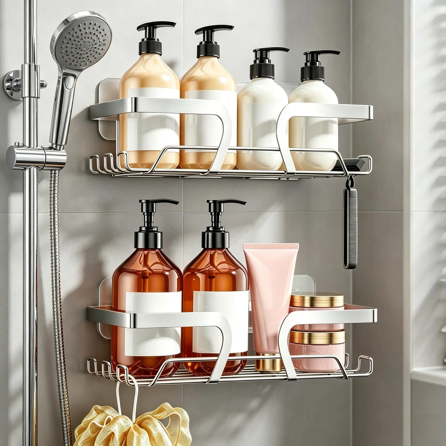 KEGII 2 Pack Adhesive Shower Caddy Stainless Steel Shower Shelf, Silver