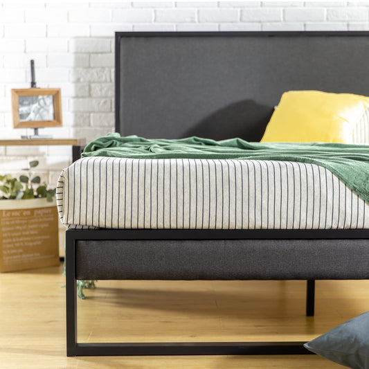 Zinus Christina Upholstered Bed Frame with Headboard | Super King 180 x 200 cm | 36 cm High | Wood Slat Support | Easy Assembly | Grey