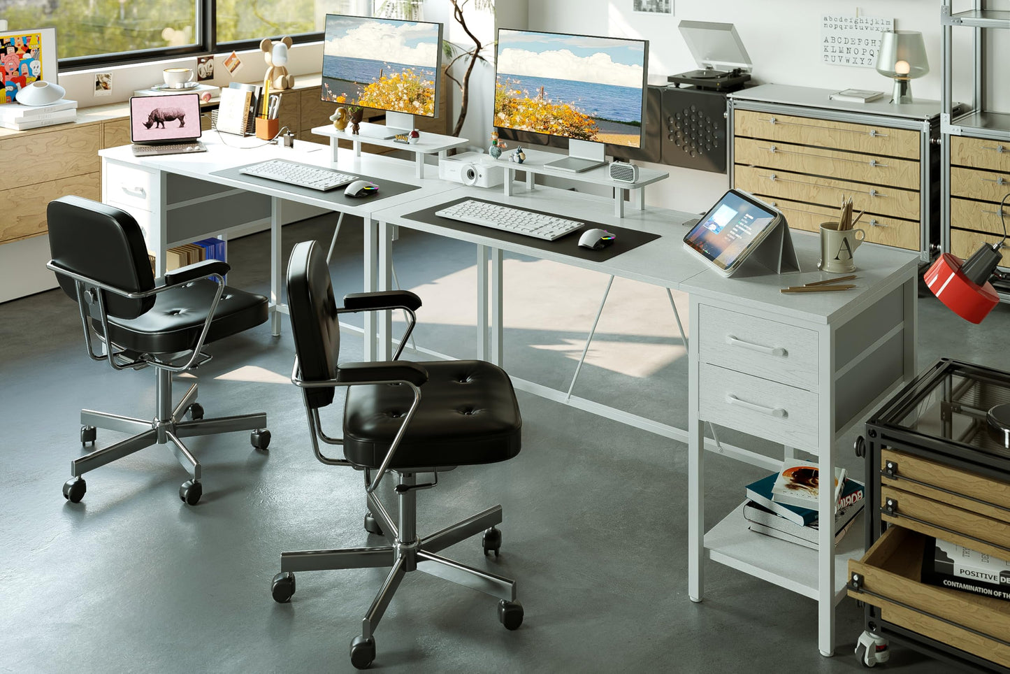 Xyphren 120cm Computer Desk with Drawers & Power Outlets, Office Desk with Storage Monitor Stand, Reversible Small Desks for Home Office Bedroom