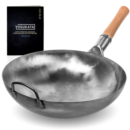 YOSUKATA Silver Round Bottom Woks and Stir Fry Pans 36 cm - Chinese Hammered Carbon Steel Pow Wok - Traditional Chinese Japanese Cookware - Carbon