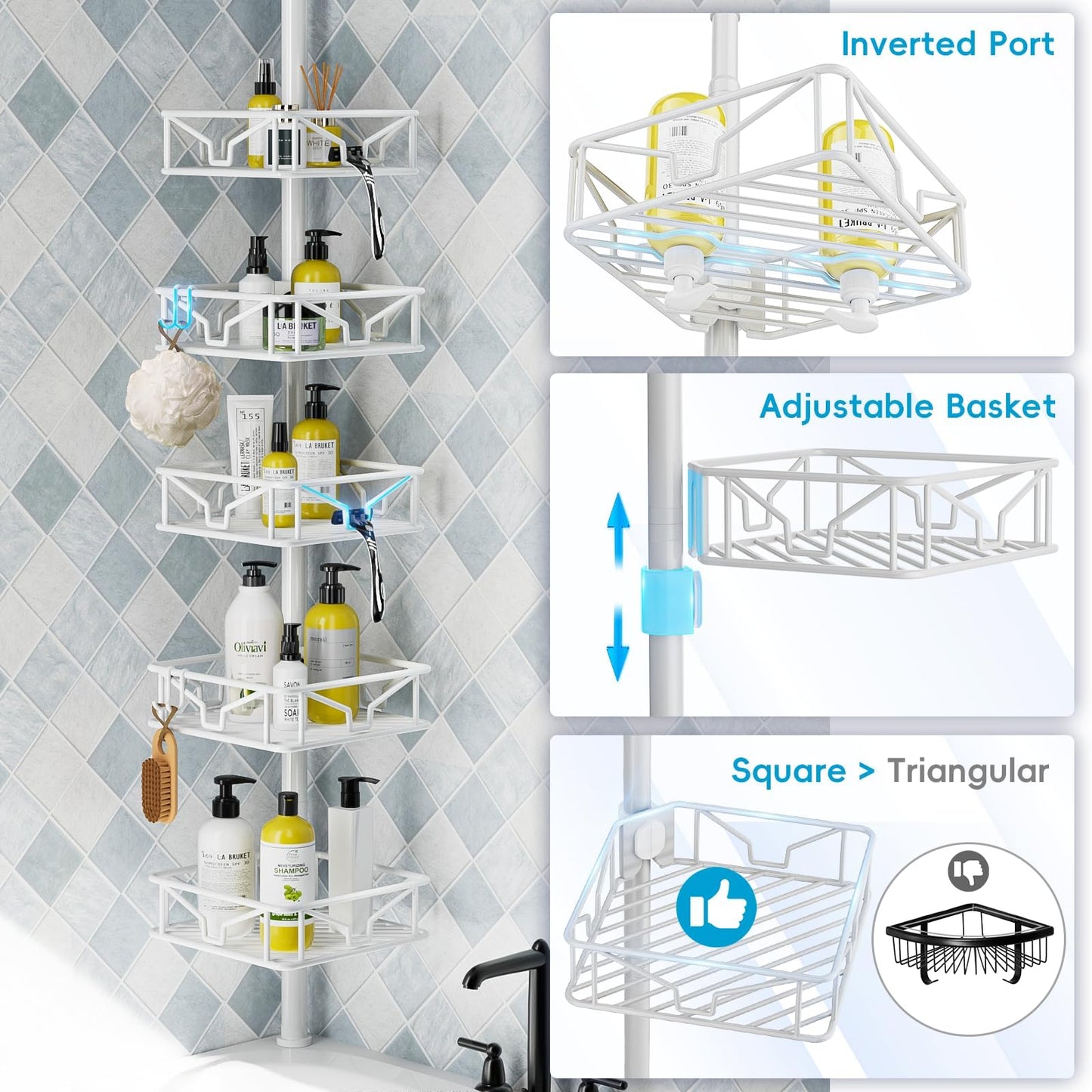 Mutool Adjustable Shower Shelf, Telescopic Shower Caddy with Hooks, No Drilling Corner Shelf with 5 Trays