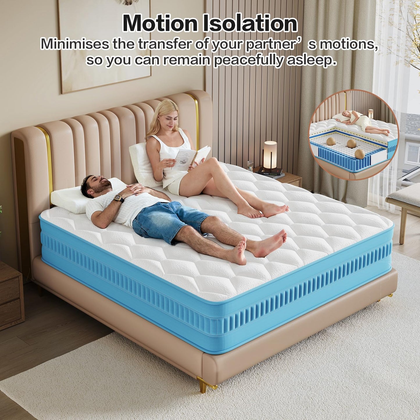 Niqooia Double Mattresses, 10 Inch Double Mattress, Medium Firm Zoned Coil Pocket Sprungs & Memory Foam for Back Pain Relief