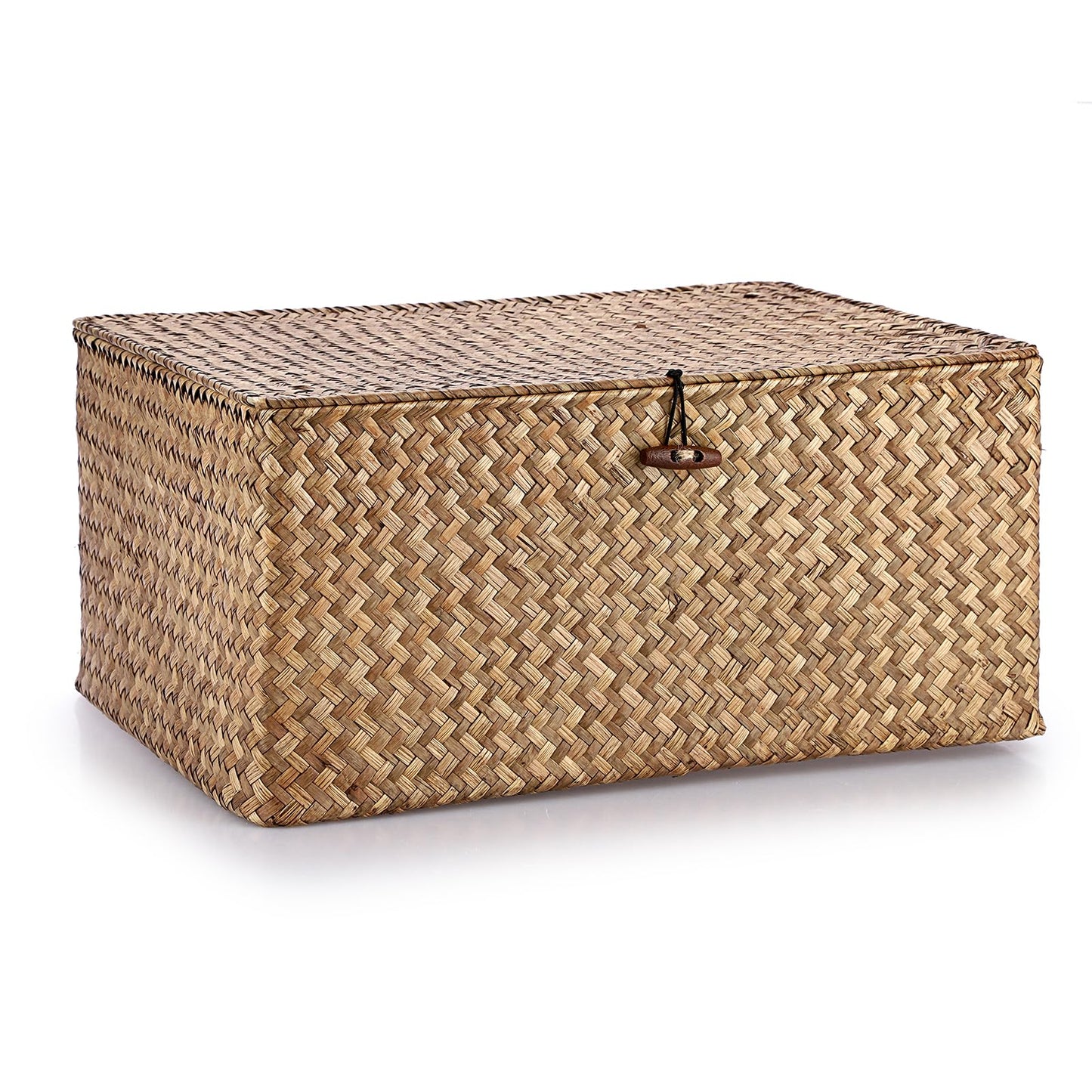 IGNPION Seagrass Storage Basket with Lid, Wicker Woven Shelf Basket, Coffee