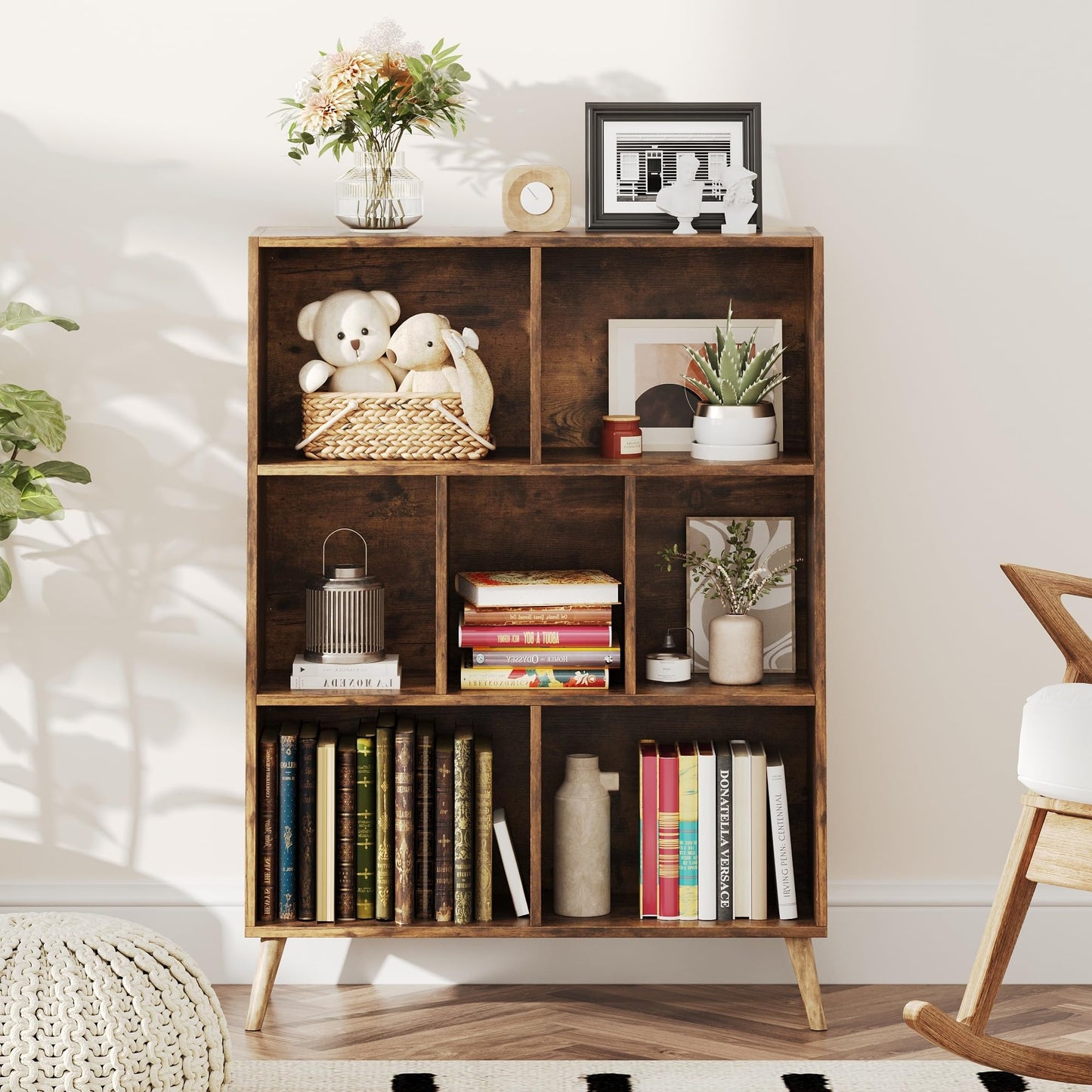 CAIYUN 7 Cube Bookshelf, 3 Tier Modern White Bookcase with Legs, 31 inch Wooden Book Shelf, Toy Storage Organizer