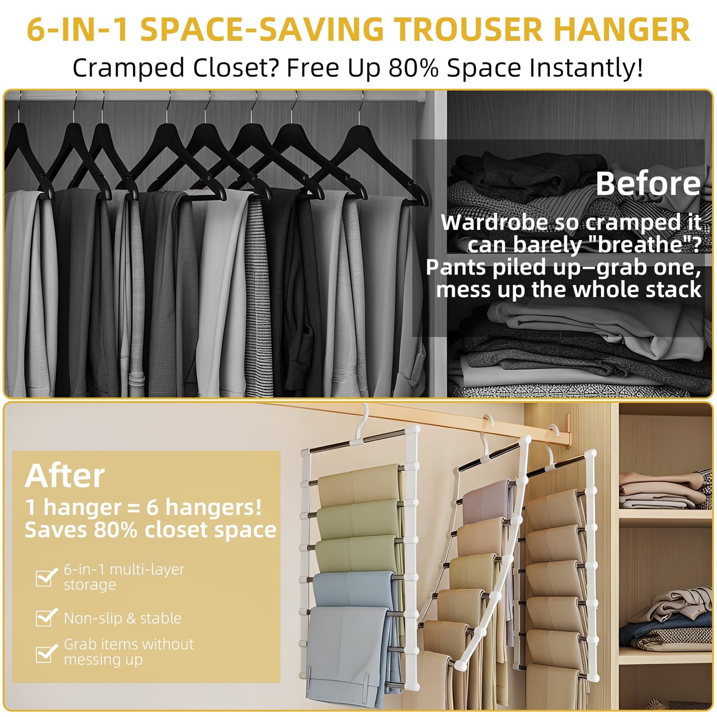 Trouser Hangers Space Saving for Wardrobe Closet, 3 Pack Multi Layer Metal Trouser Hangers for Women, 360° Rotatable Closet Organizer for Skirt