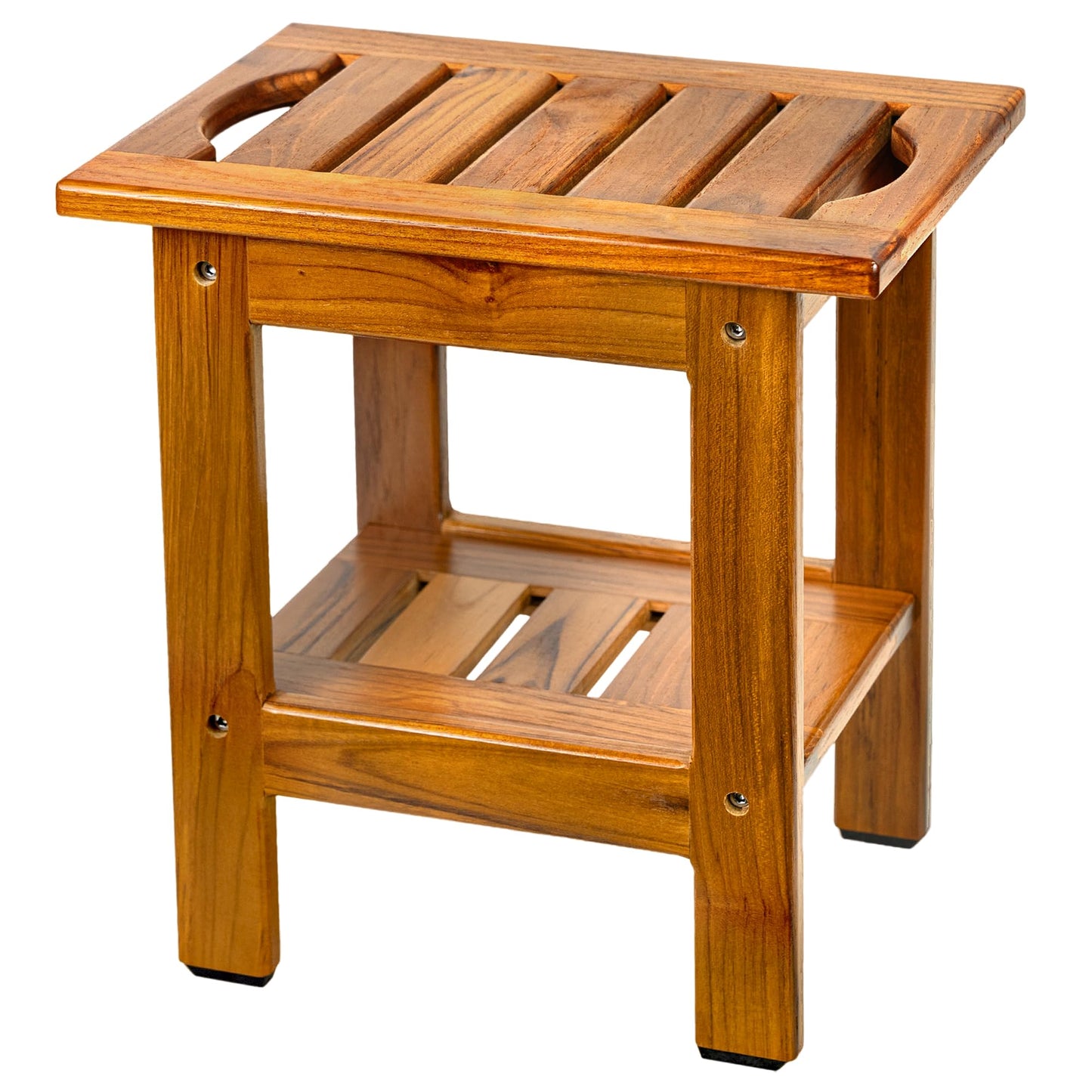 VaeFae Teak Small Shower Bench, 2-Tier Stool with Shelf & Non-Slip Feets