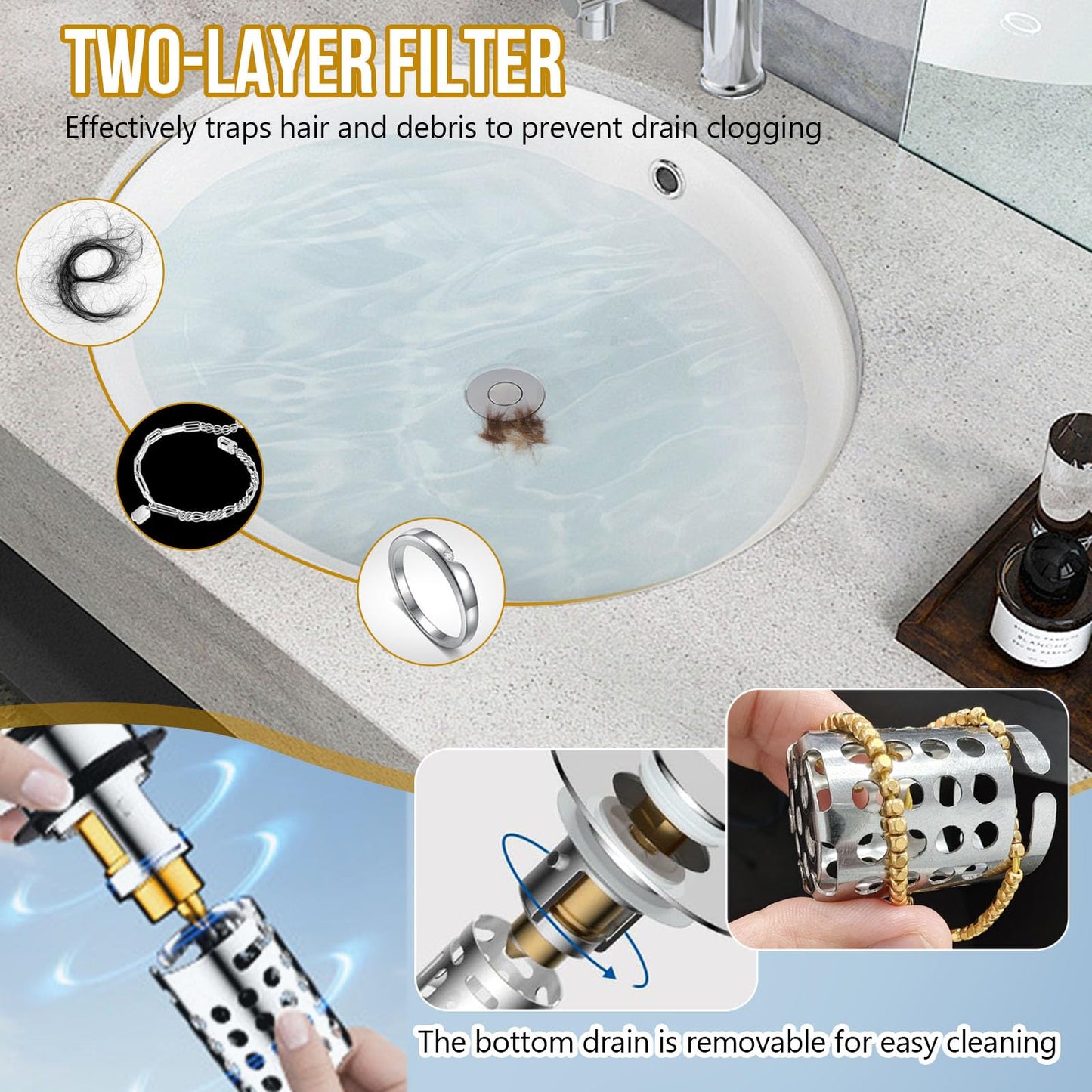 Upgraded 3 in 1 Bathroom Sink Plug Sink Strainer Stopper