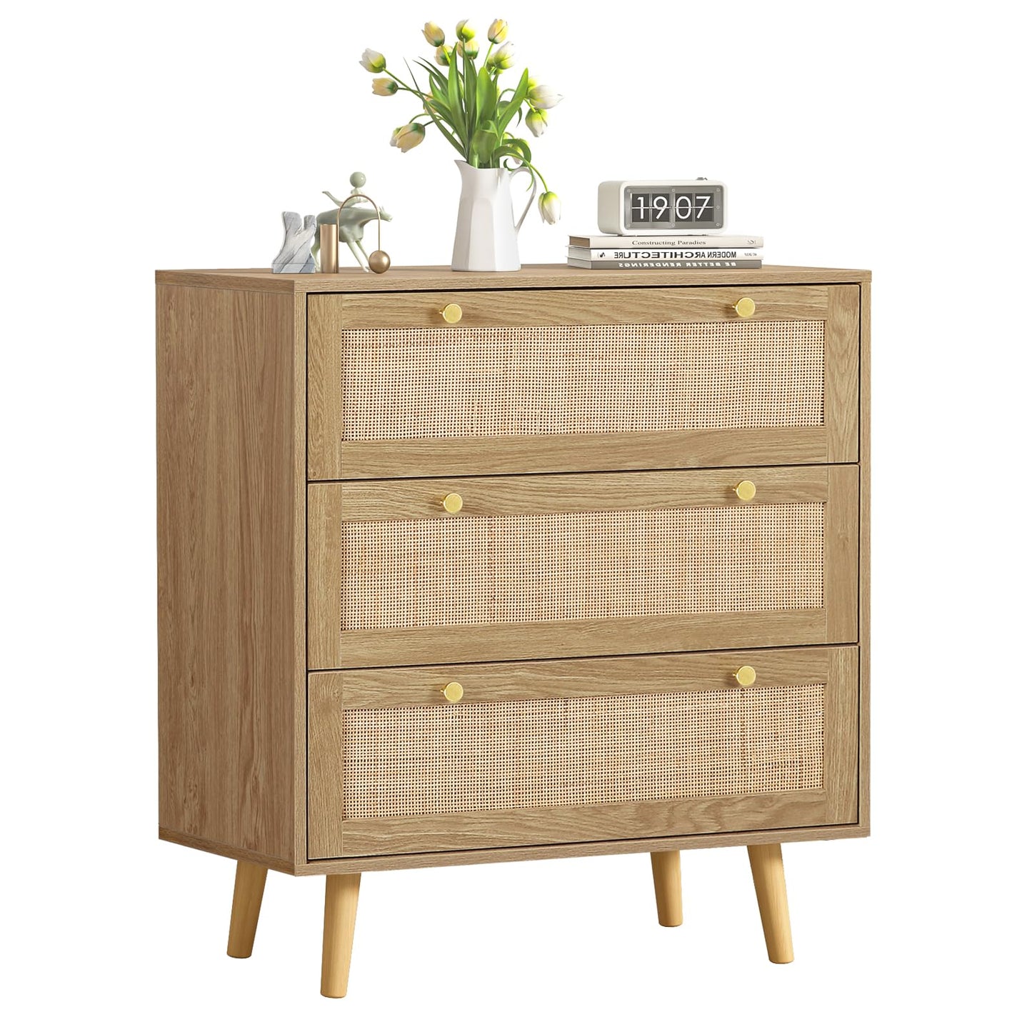 Skokliz Tall Chest of Drawers Bedroom, Rattan Slim Chest of 3 Drawers Clothing Storage Cabinet Cupboard Storage Organiser Unit Bedroom Furniture