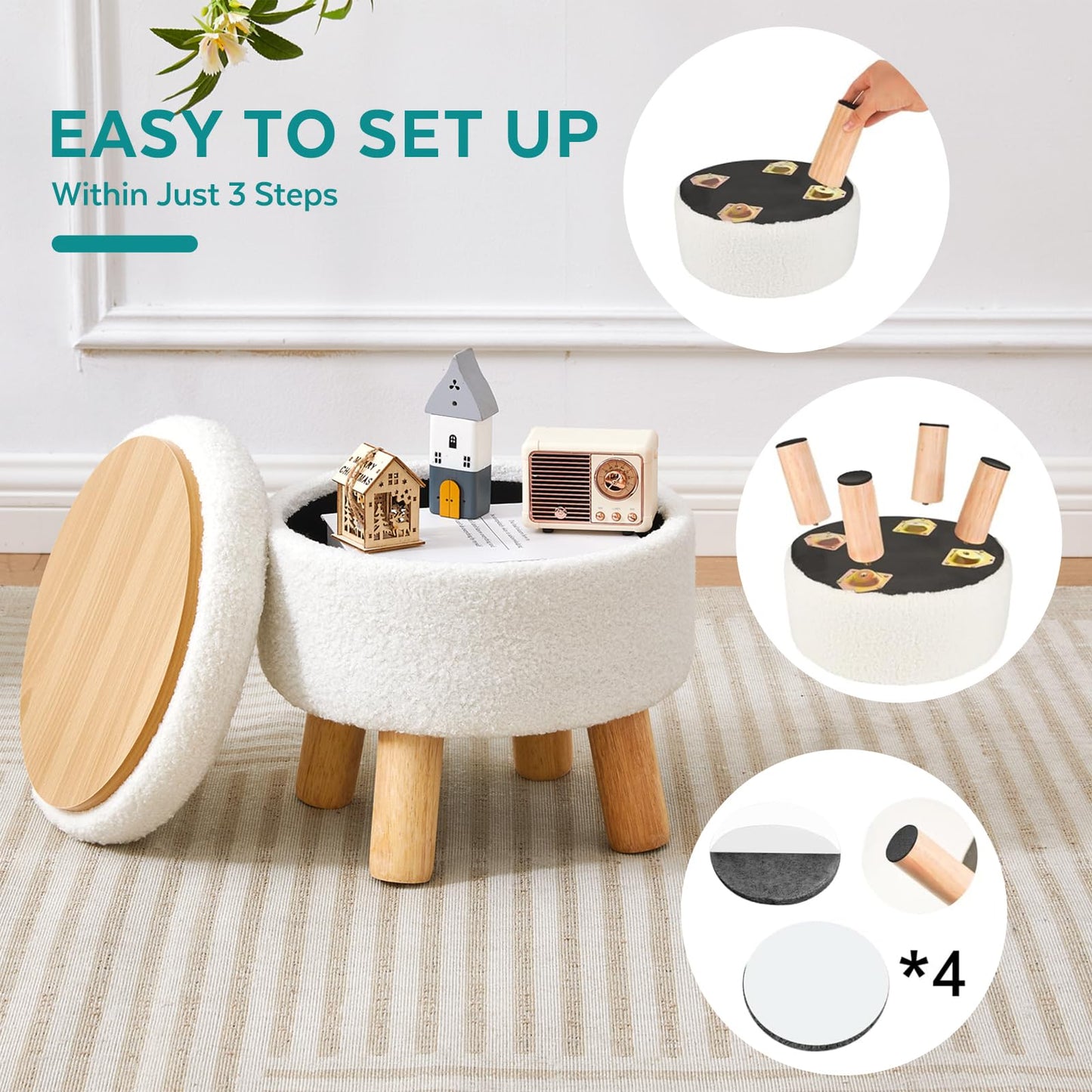 BRIAN & DANY Footstool with Storage, Small Storage Ottoman, Teddy Fleece Round Stool with Lid, Sherpa Foot Stool with Legs for Living Room Entryway