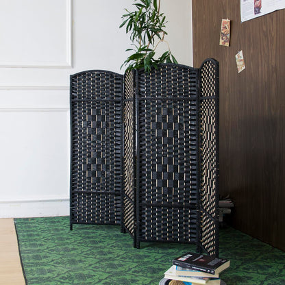 Furnnylane 4 Panel Black Rattan Divider Short Room Partition Screen,Double Sided Short Folding Divider for Room Separation,120 cm Tall