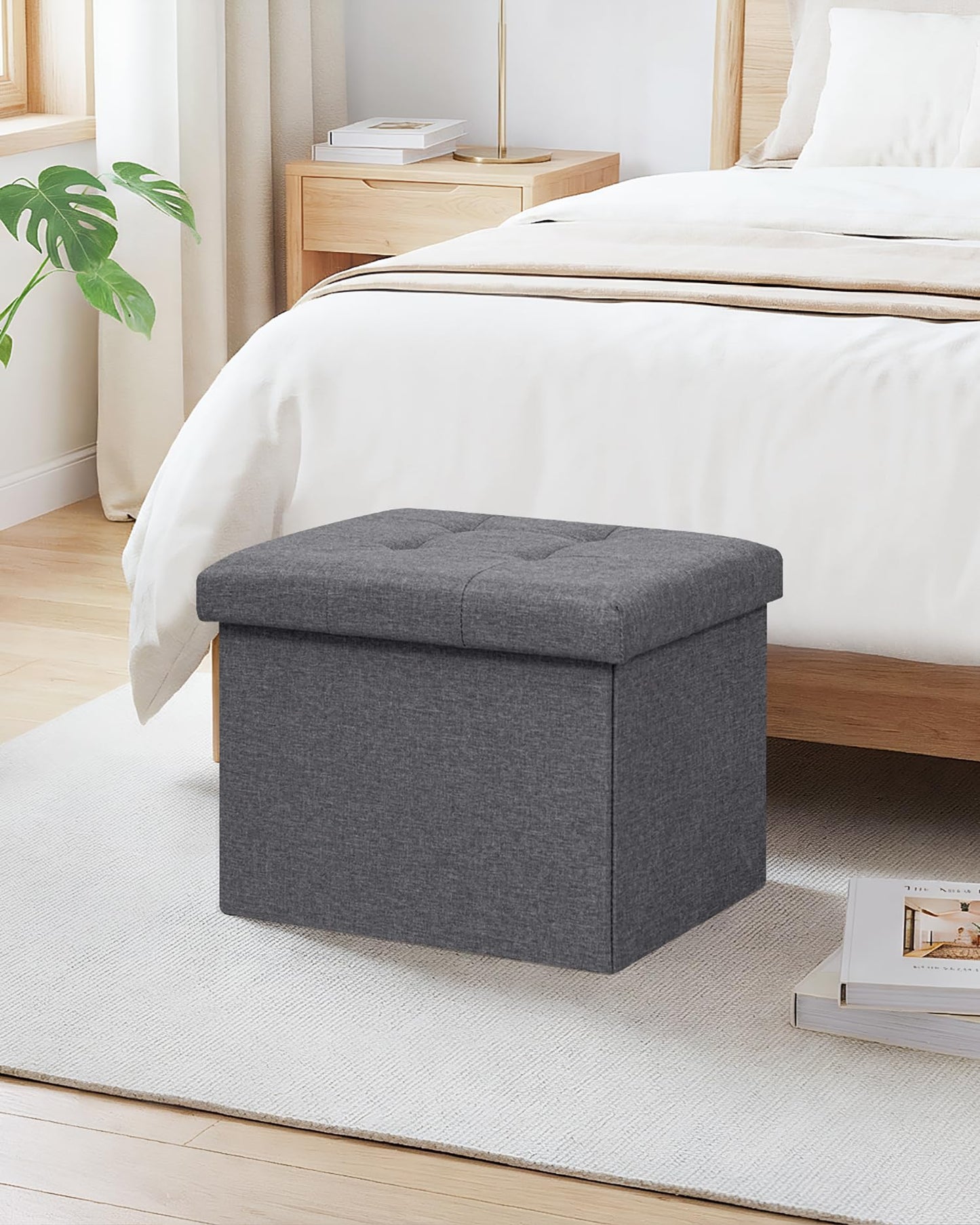 Bonlife Storage Ottoman, Folding Small Foot Rest,Toy Chest Storage Footrest Seat, Footstool for Living Room, Bedroom, Dorm, Fabric,Grey,42x32x32cm