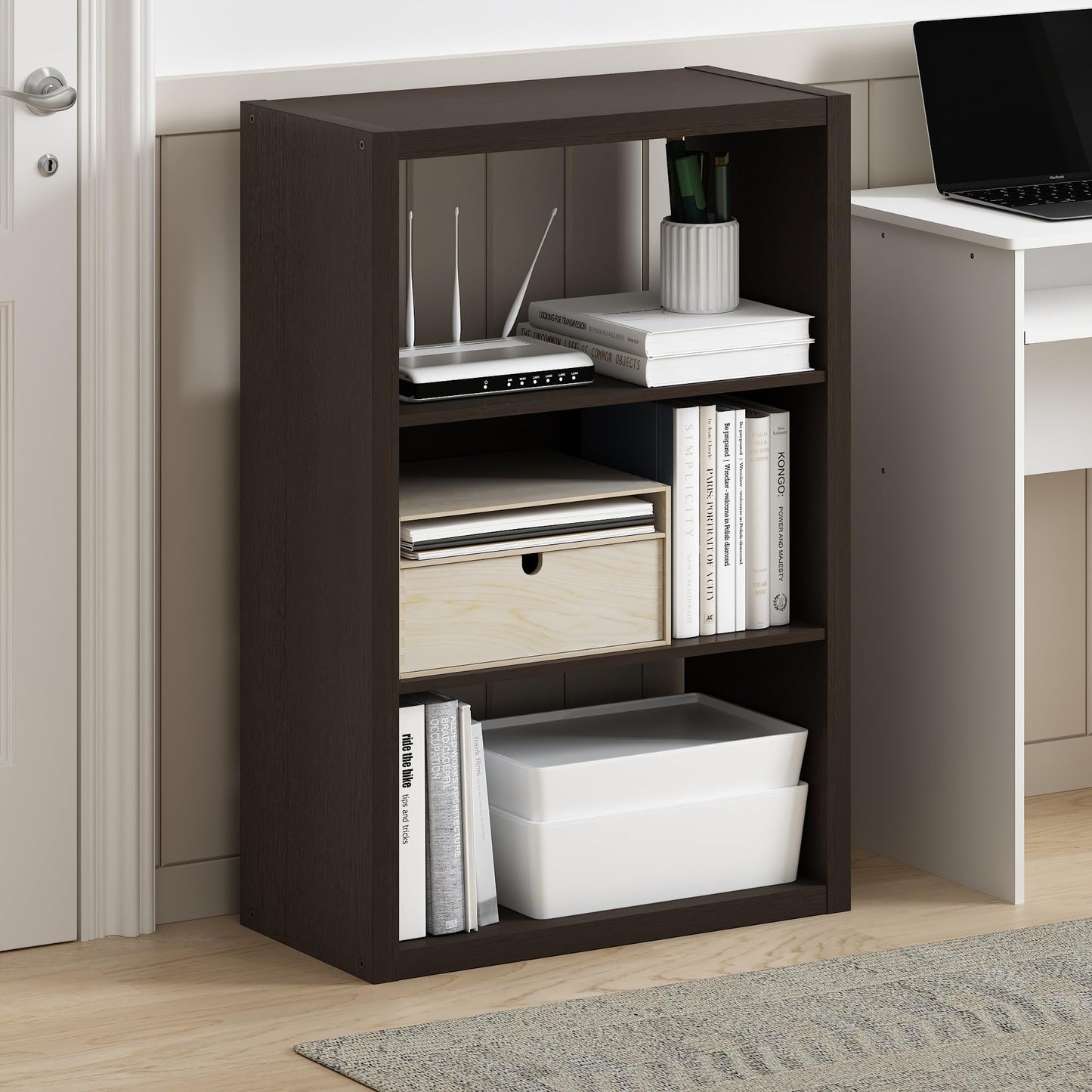 Furinno VIOLA Book Shelf, 3-Tier Bookshelf, Bookcase with Open Shelf, 11.3 x 23.2 x 35.9, for Living Room, Bedroom, Home Office, Dark Oak