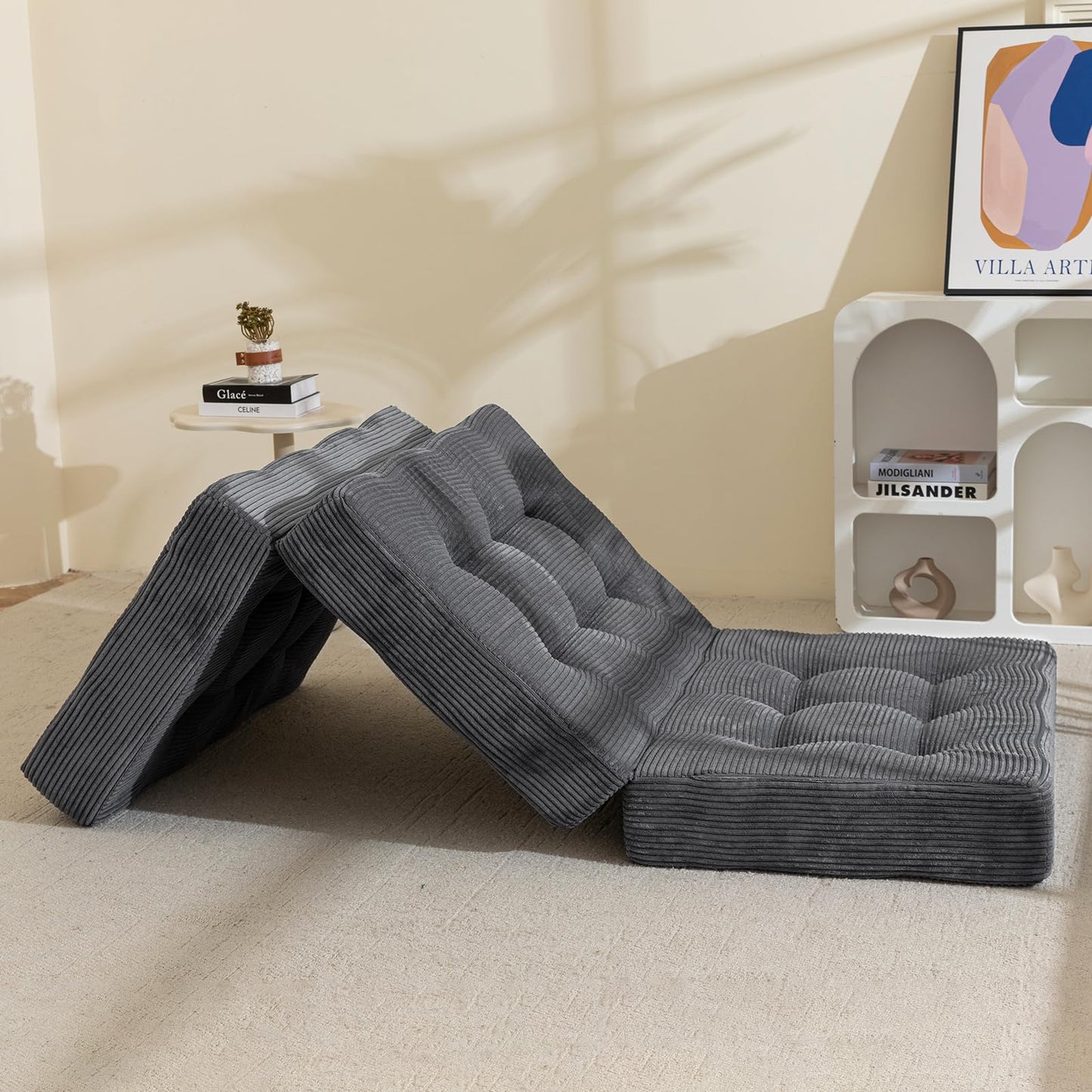 MAXYOYO Folding Mattress, Comfy Corduroy Foldable Mattress with 15cm Thicken Foam, Tri-Fold Floor Futon Sofa Bed for Guest,Dark gray,Single