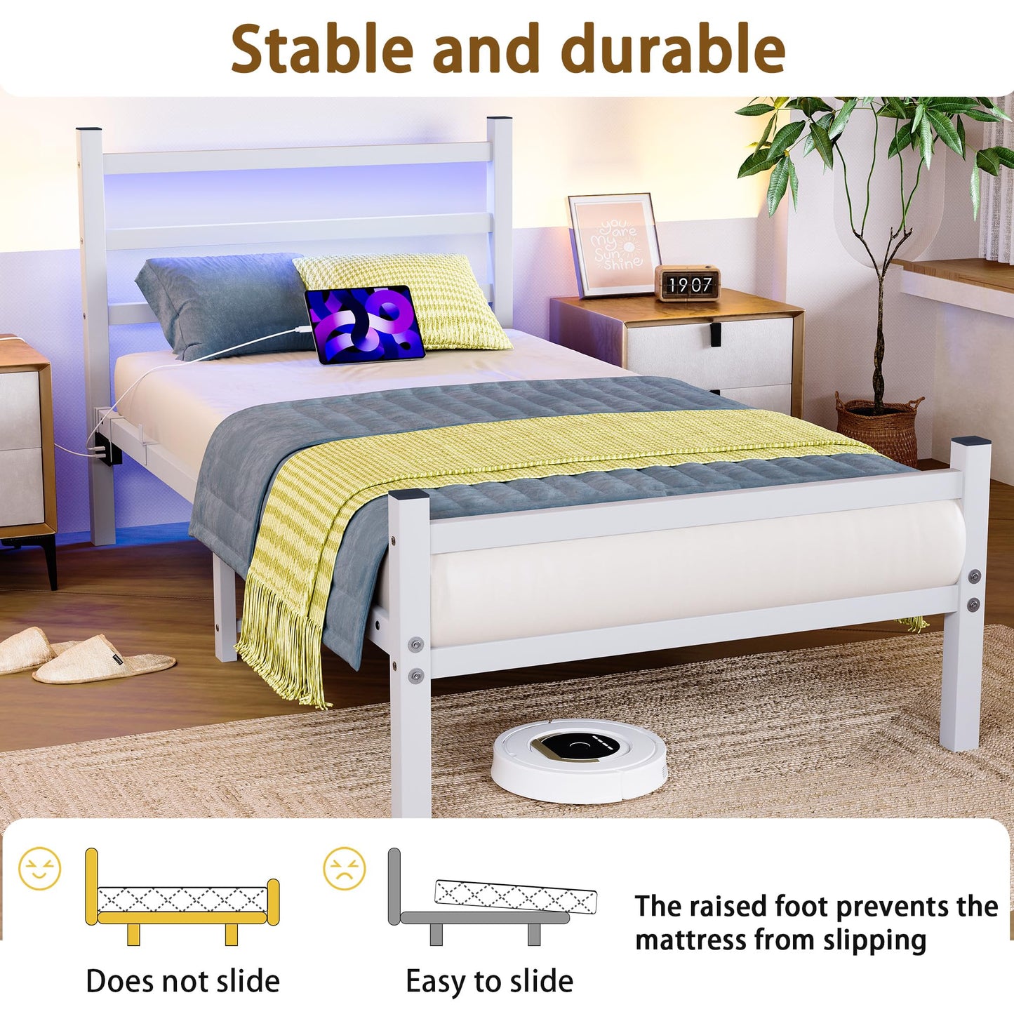 BORPHOM 3ft Single Bed Frame with Headboard & LED Lights,Heavy Duty Metal Platform Bed Frame with Charging Station,Mattress Base/Strong Steel Slats