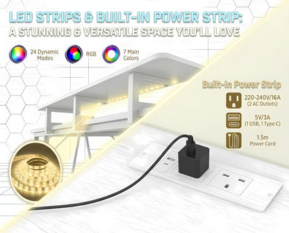 Xyphren L Shaped Gaming Desk with RGB LED Lights & Power Outlets, Small Computer Desk with Adjustable Shelves