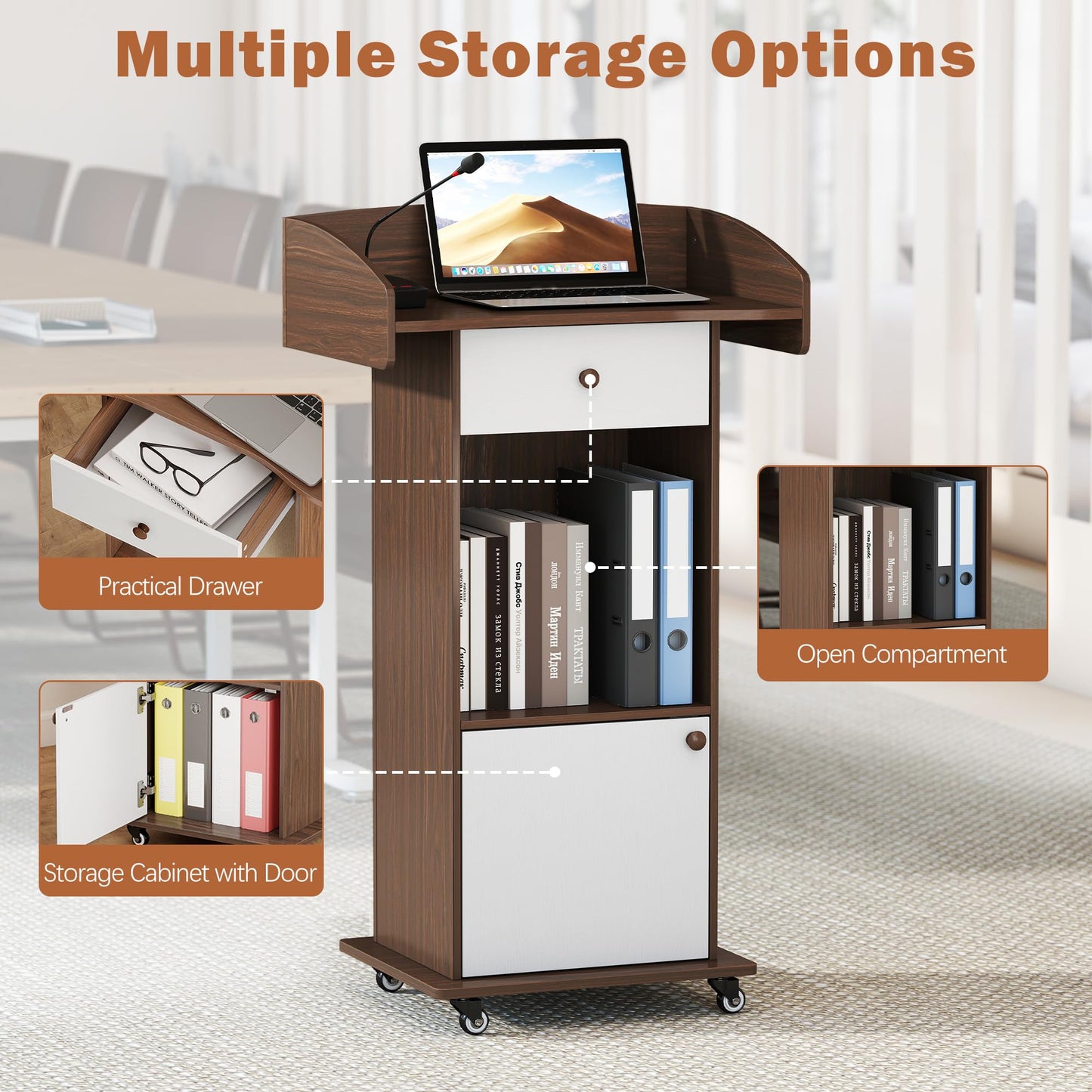 Suuiwau Podium Stand with Drawer, Storage Cabinet and Wheels