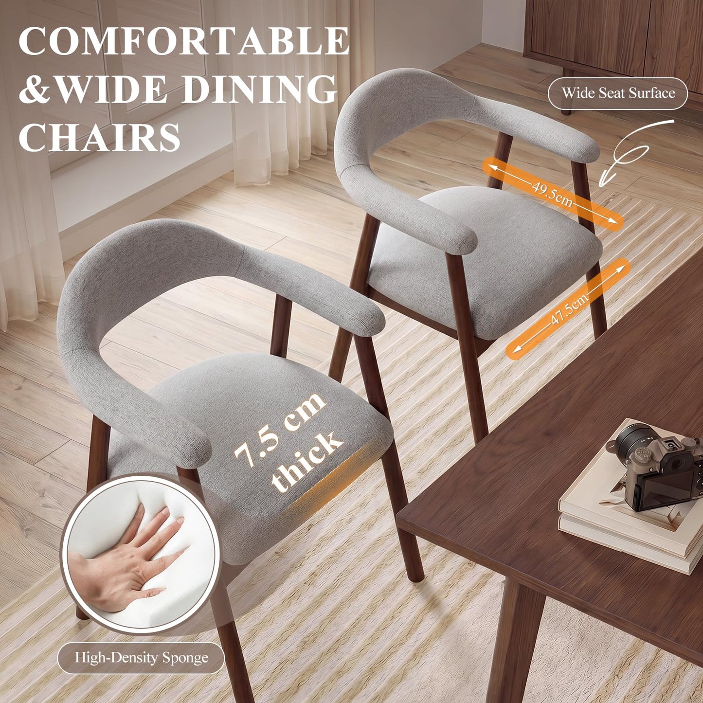 MALOL Wooden Dining Chairs Set of 4, Fabric Chairs for Dining Room with Armrest, Upholstered Kitchen Chairs with Curved Back and Wood Legs for Dining