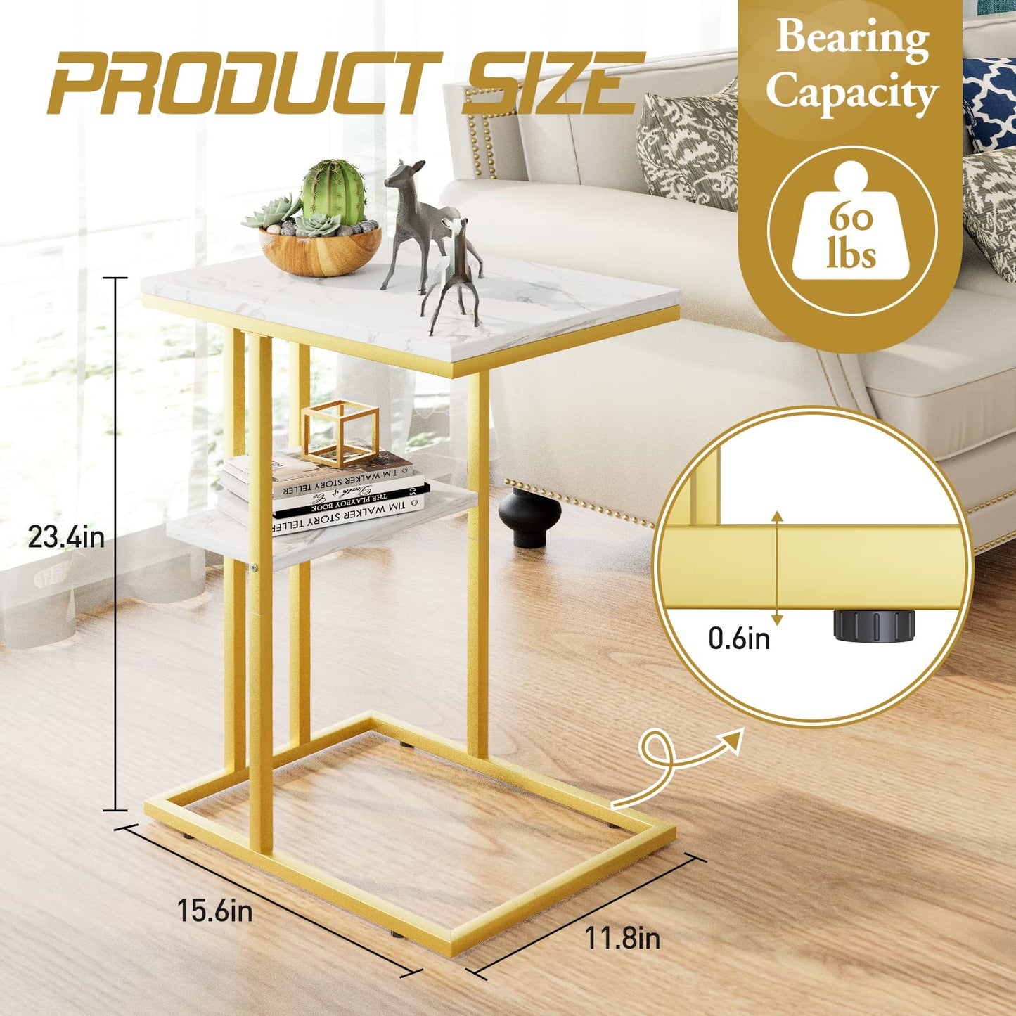 C Shaped End Table, Side Table, Sofa Table, Coffee Table Under Sofa, Small Couch Snack Tables, Bedside Tables with Metal Frame for Living Room