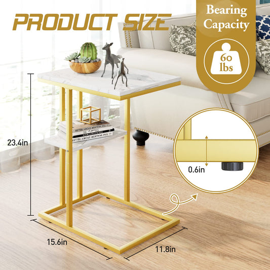 C Shaped End Table, Side Table, Sofa Table, Coffee Table Under Sofa, Small Couch Snack Tables, Bedside Tables with Metal Frame for Living Room