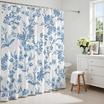 Avezano Floral Shower Curtain Blue Flower Bathroom Shower Curtain Blue Waterproof Fabric Shower Curtains Bathtub Decor with 12 Hooks 72 X 72 Inches