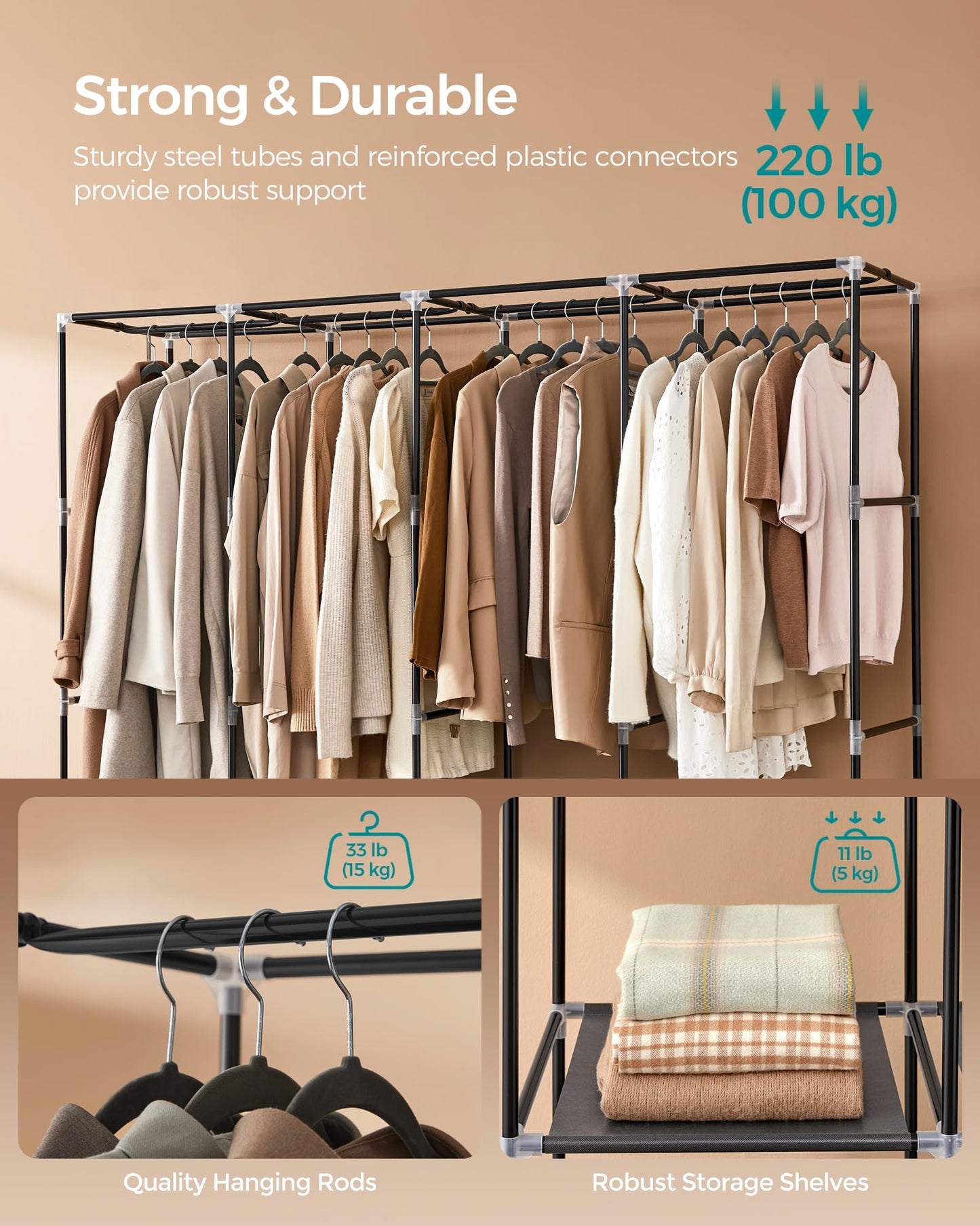 SONGMICS Clothes Wardrobe, Portable Closet, Garment Organiser Rack with 4 Hanging Rails, Shelves, 4 Side Pockets, 170 x 45 x 167 cm, Large Capacity