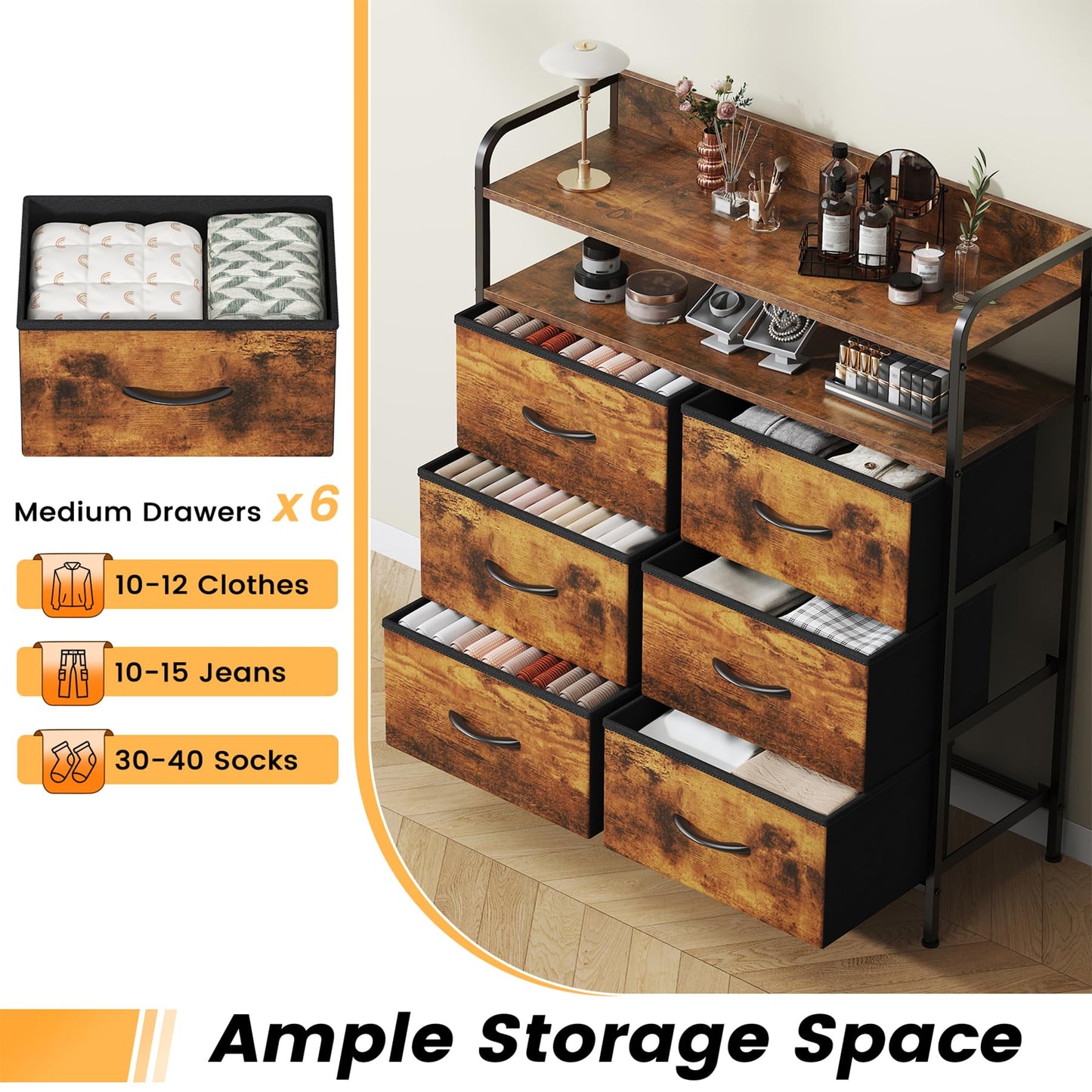 Feonase 6 Drawer Fabric Chest Of Drawers, Double Wooden Top Fabric Storage Tower - Sturdy Steel Frame Dresser for Bedroom/Living Room/Baby Room