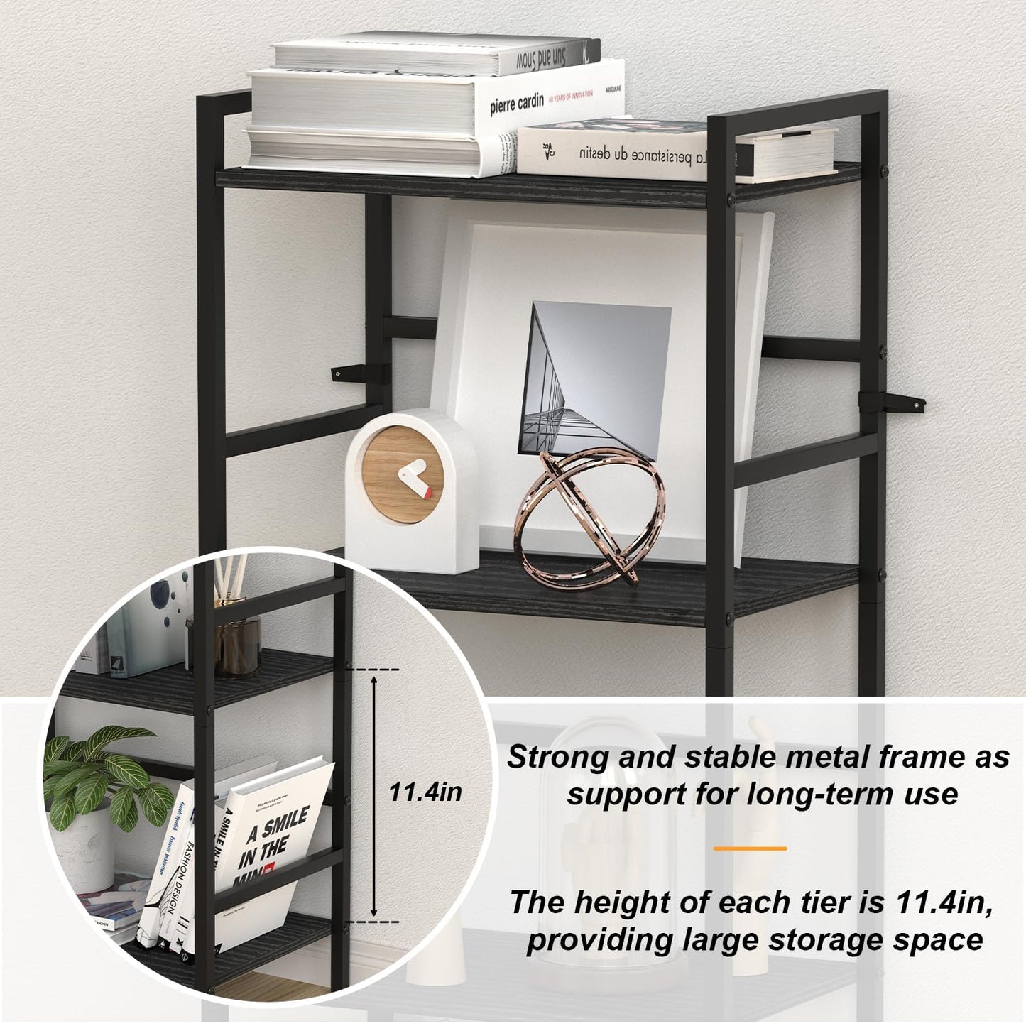 CADUKE 5 Tier Bookcase, Large Black Bookshelf with Open Storage