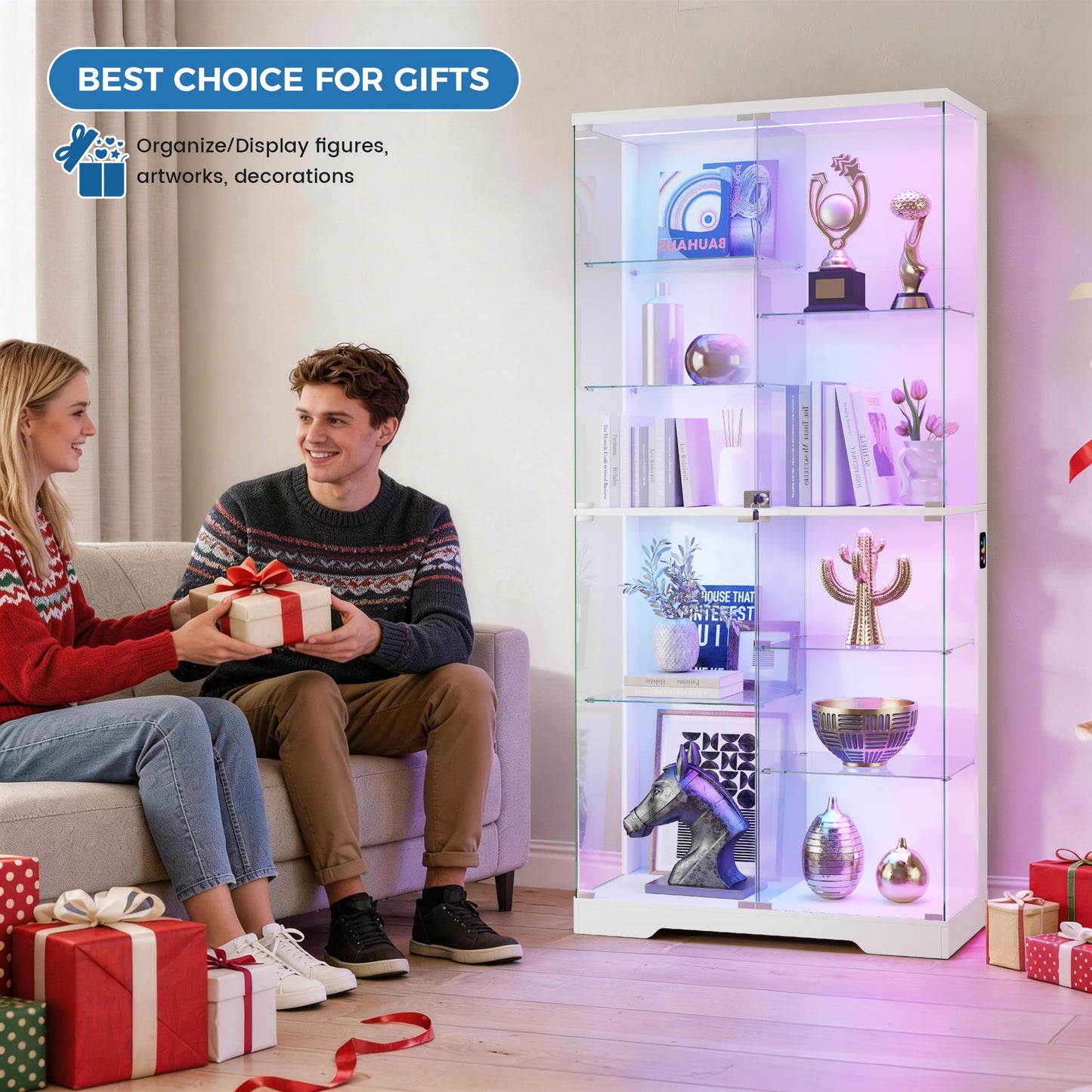 10-Tier Display Cabinets with RGB Lights Human Sensor for Collectibles