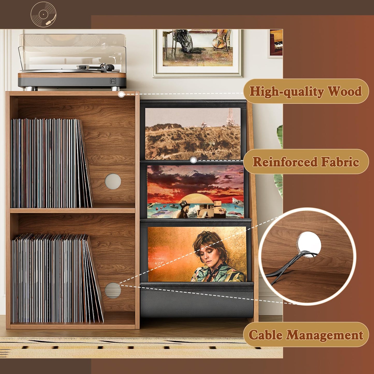 Bikoney Record Player Stand with 3-Tier Vinyl Storage for 220 LPs - Walnut