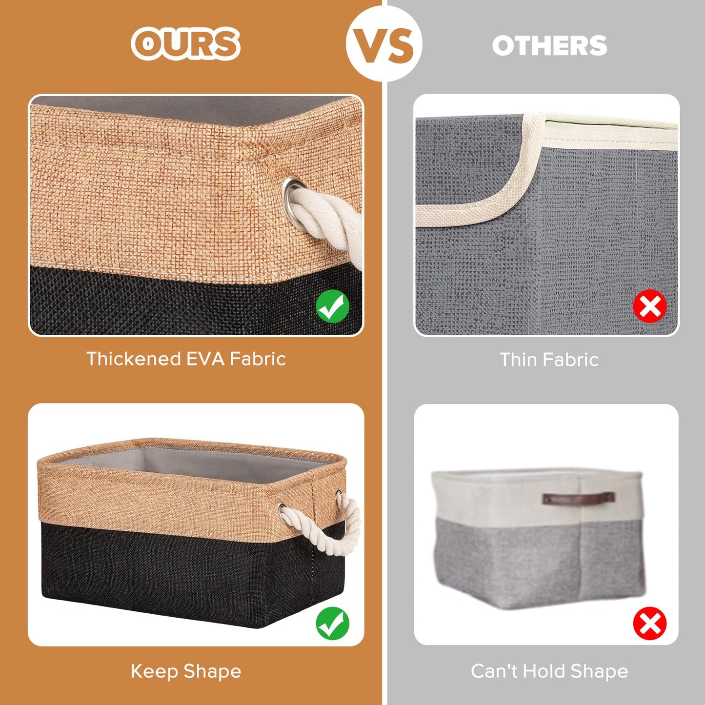 5 Pack Storage Baskets for Shelves with Cotton Rope Handles, Foldable Fabric Canvas Material Storage Boxes Organiser for Clothes, Toys